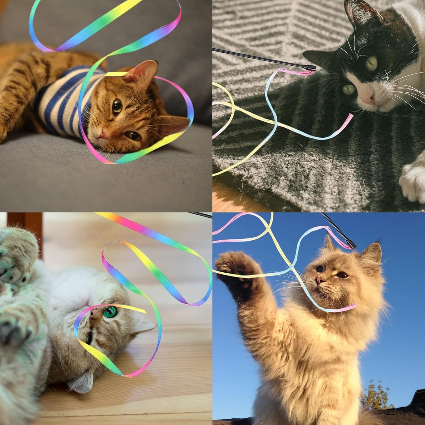 2 Pieces Interactive Cat Rainbow Wand Toys, Kitten Ribbon Toys, Colorful Cat String Teaser Wand - Pet Ribbon Dance Charmer for Cats Kittens Indoor Training Exerciser, Cats Toys for Strengthen Relation