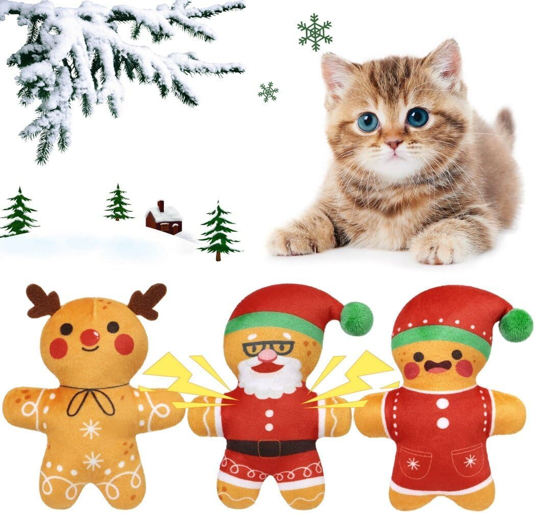 3-Pack Christmas Catnip Toys Interactive Cats, Catnip Filled Cat Teething Toy, Kitten Chew Plush Gift, Festive Catnip Crinkle Toy