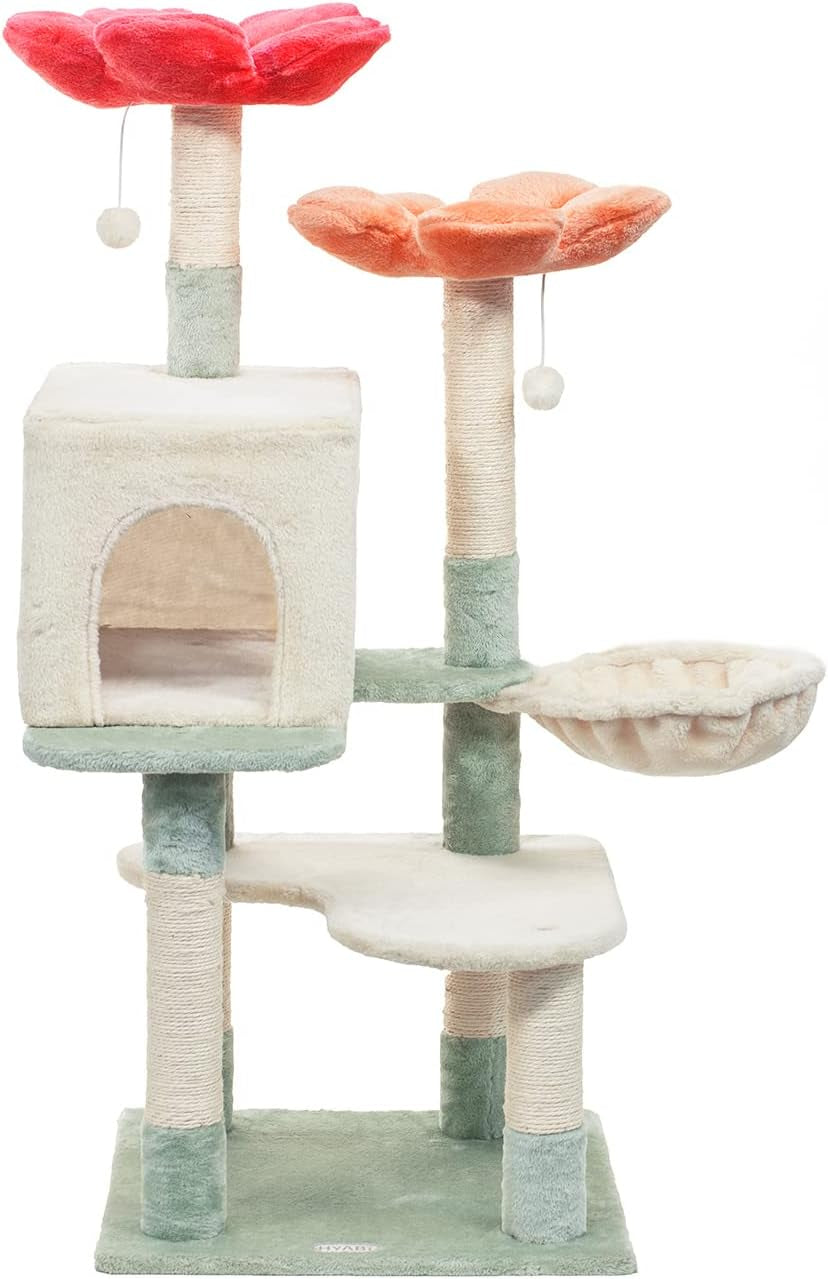 Hyabi 48In Hanging Basket Flower Cat Tree Tower Condo Furniture Apartment Plush Habitat Kitten Amusement Platform with Scratch Posts Toy Ball Pet House Play (Large 48" H)