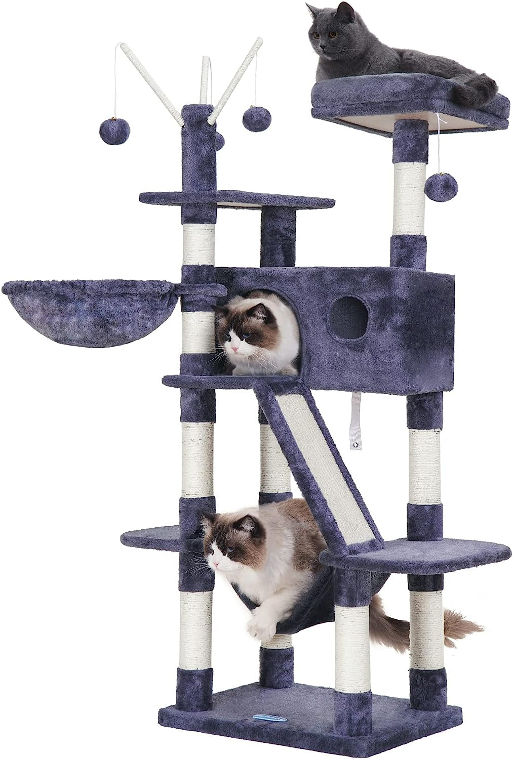 Hey-Brother Cat Tree, 53 Inch Cat Tower for Indoor Cats, Cat House with Padded Platform Bed, Toy Balls, Large Cozy Condo, Hammocks and Sisal Scratching Posts, Light Gray MPJ019-SW