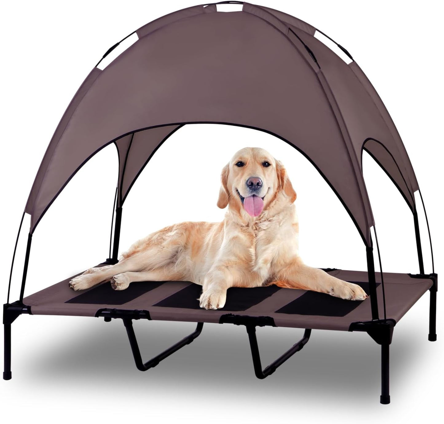 Elevated Outdoor Dog Bed with Canopy, Raised Removable Cover Cooling Dog Beds with Waterpoof Shade Dog Tent outside Portable Dog Cot for Large Dogs Pet (Brown)