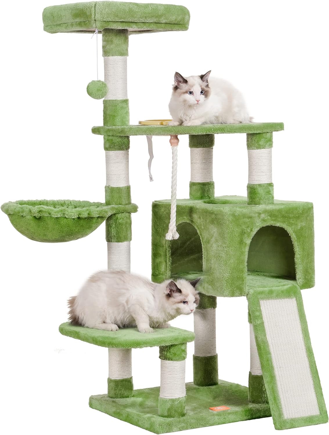 Heybly Cat Tree with Cat Self Groomer Brush, Cat Tower Condo for Indoor Cats with Padded Plush Perch,Feeding Bowl,Cat House with Basket Scratching Board Post, Light Gray HCT005SW