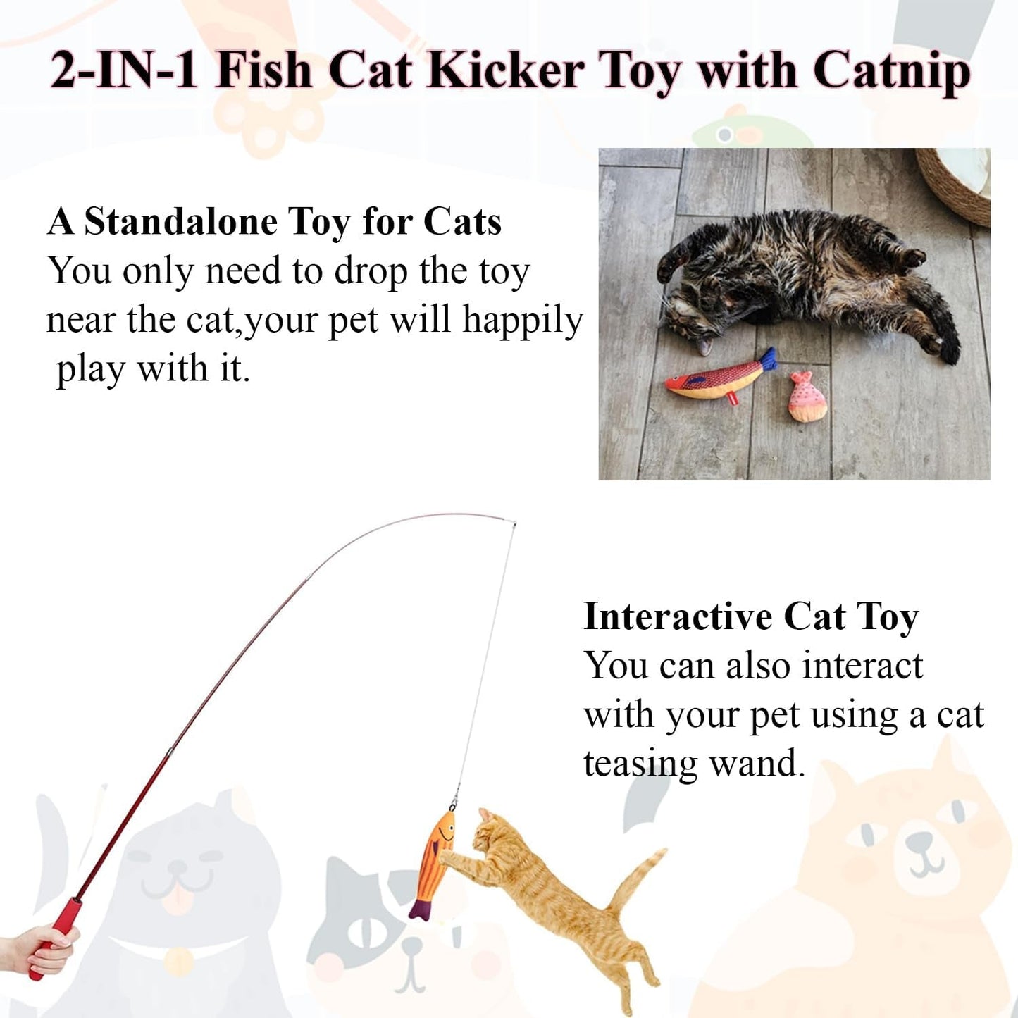 3Pcs 2-IN-1 Fish Cat Kicker Toy with Catnip, Cat Crinkle Toy, Cat Wand Replacement, Catnip Fish Toys for Cat Wand Toys Attachments, Interactive Cat Toy, Cat Fishing Pole Toy Attachments, Kitten Toys