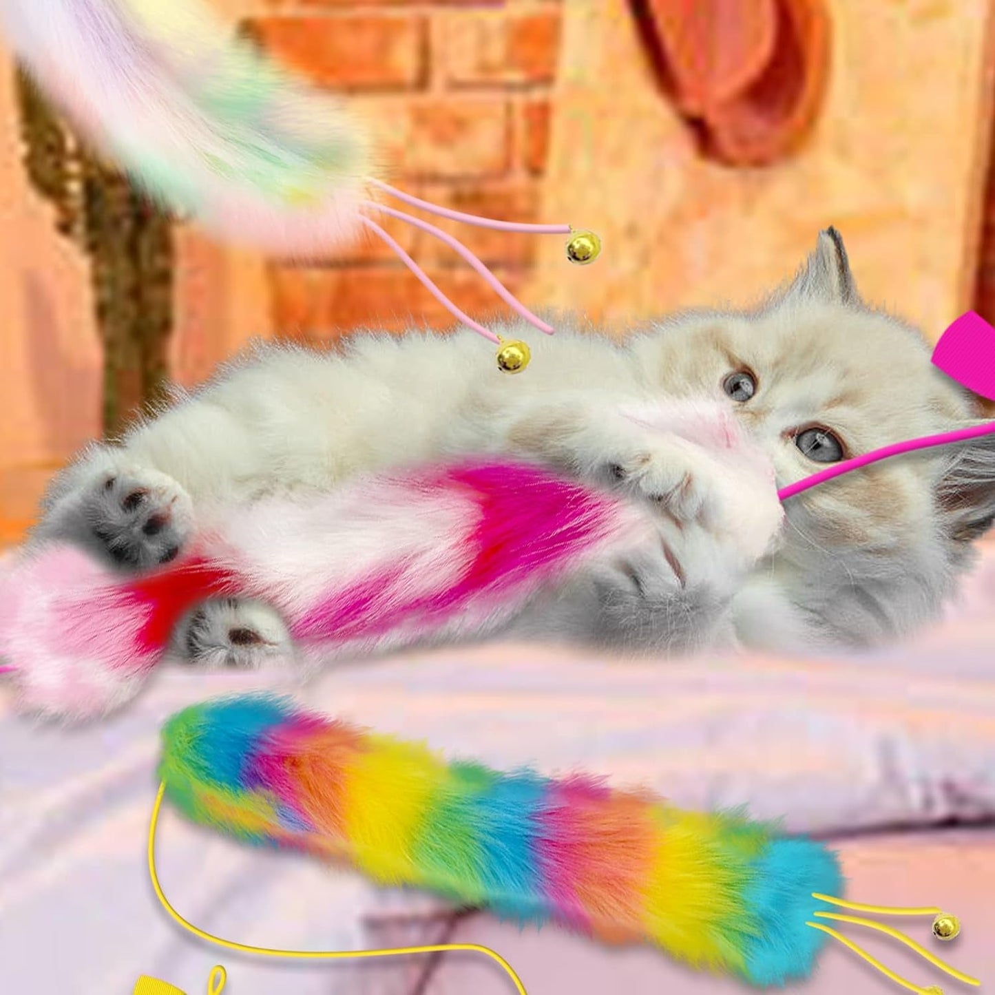 3 Pack Cat Wand Toy, Rainbow Cat Feather Toys with Bells, Cat Teaser Wand with Soft Furry Tail, Interactive Cat Toys for Indoor Cats & Kitten & Kitty