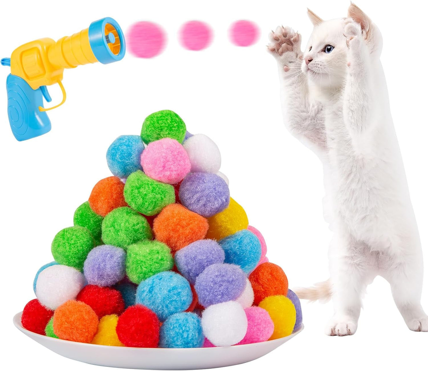 4 Pcs Cat Ball Launchers with 100 Pcs Cat Toy Balls, Cat Toy Gun Launcher, Cat Fetch Toy Gun Shooter, Kitten Toys for Indoor, Plush Ball Shoot Gun for Kitty