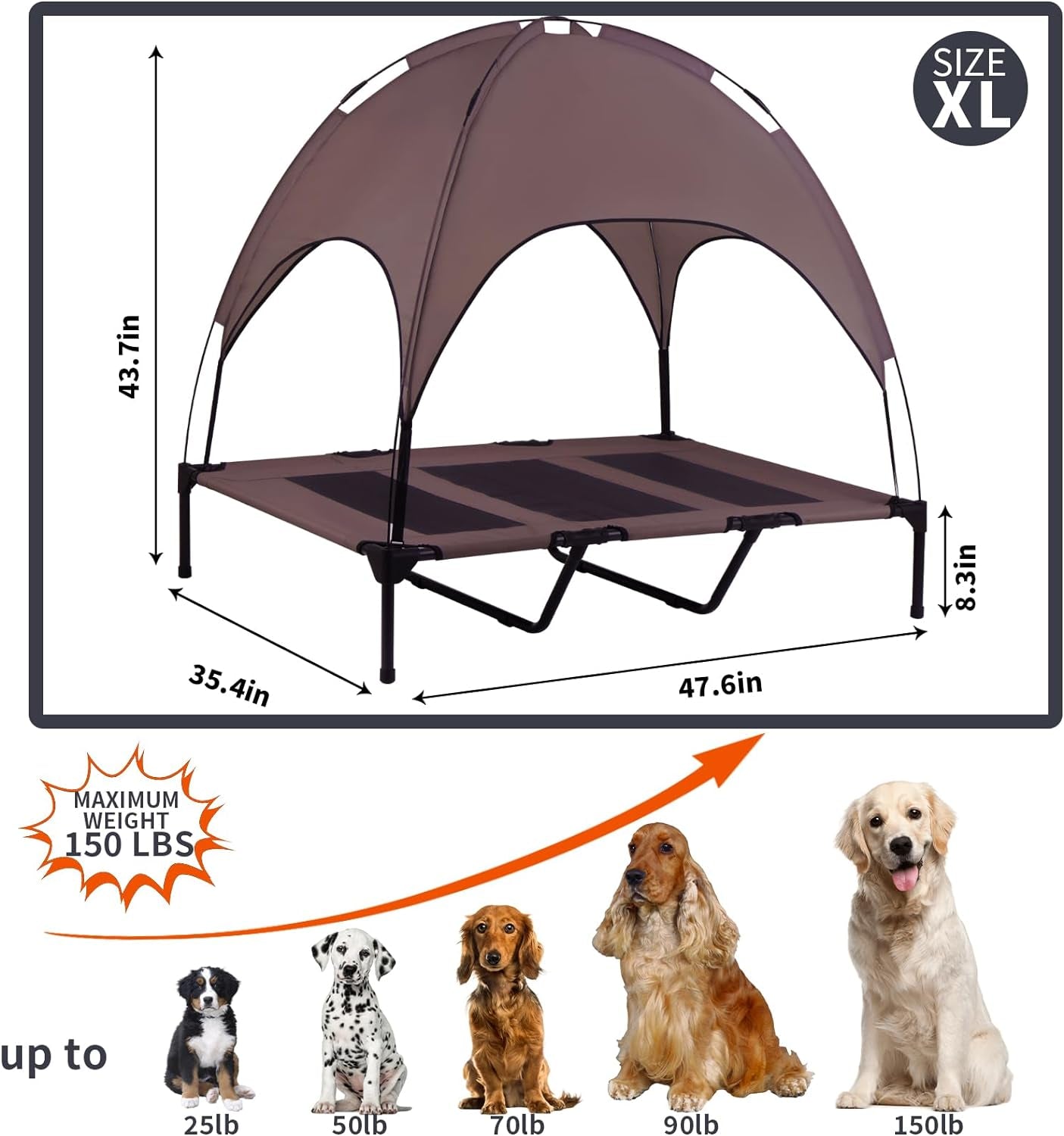 Elevated Outdoor Dog Bed with Canopy, Raised Removable Cover Cooling Dog Beds with Waterpoof Shade Dog Tent outside Portable Dog Cot for Large Dogs Pet (Brown)