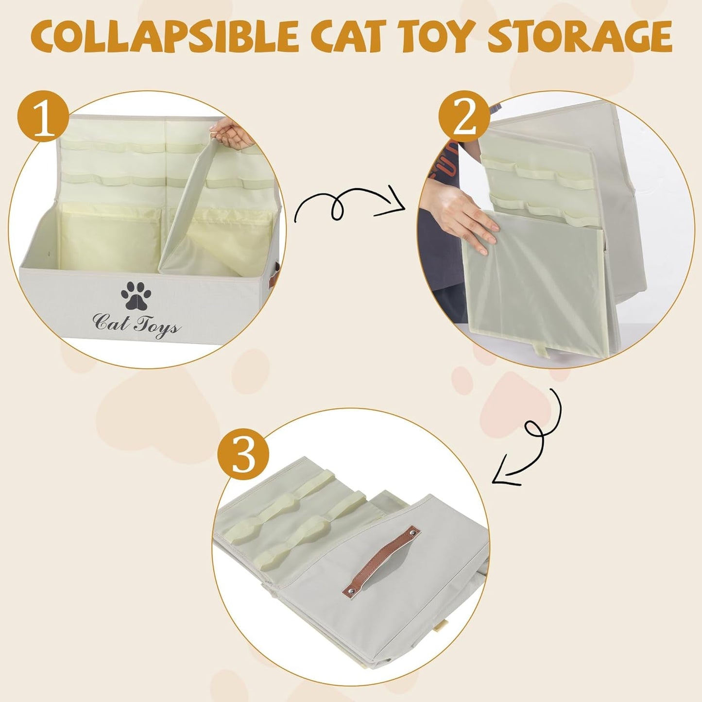 2 in 1 Large Cat Toy Organizer with Lid, Collapsible Durable Cat Feather Toy Storage Bin with Handle,Pet Toy Storage Box for Organizing Cat Toys and Accessories