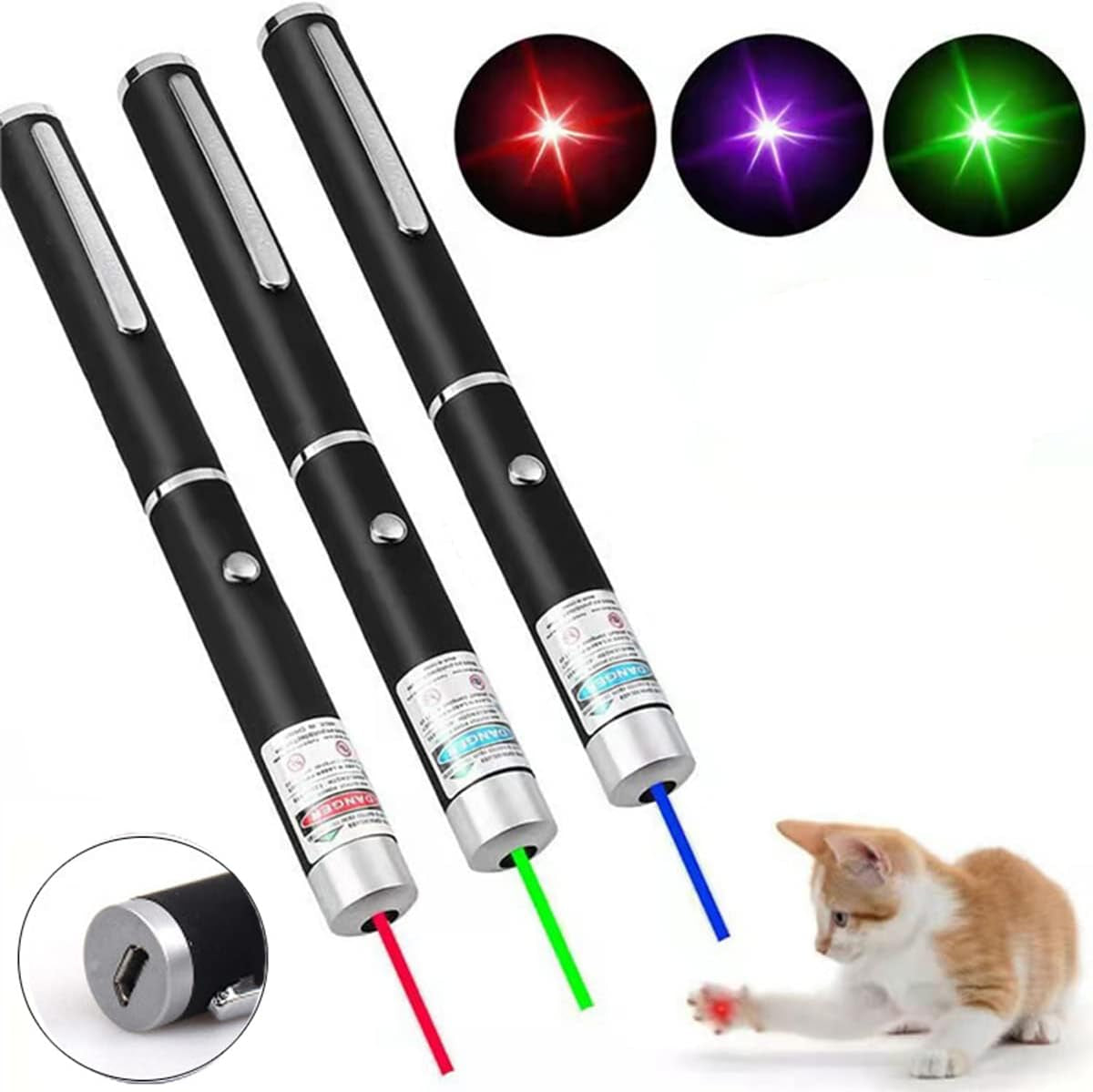 3Pcs Cats Toys Lazer Pointer USB Rechargeable Green Red Blue Light Lazer Presentation Remotes for Indoor Classroom Interactive Teaching (Mixed Color, USB 3 Pack)