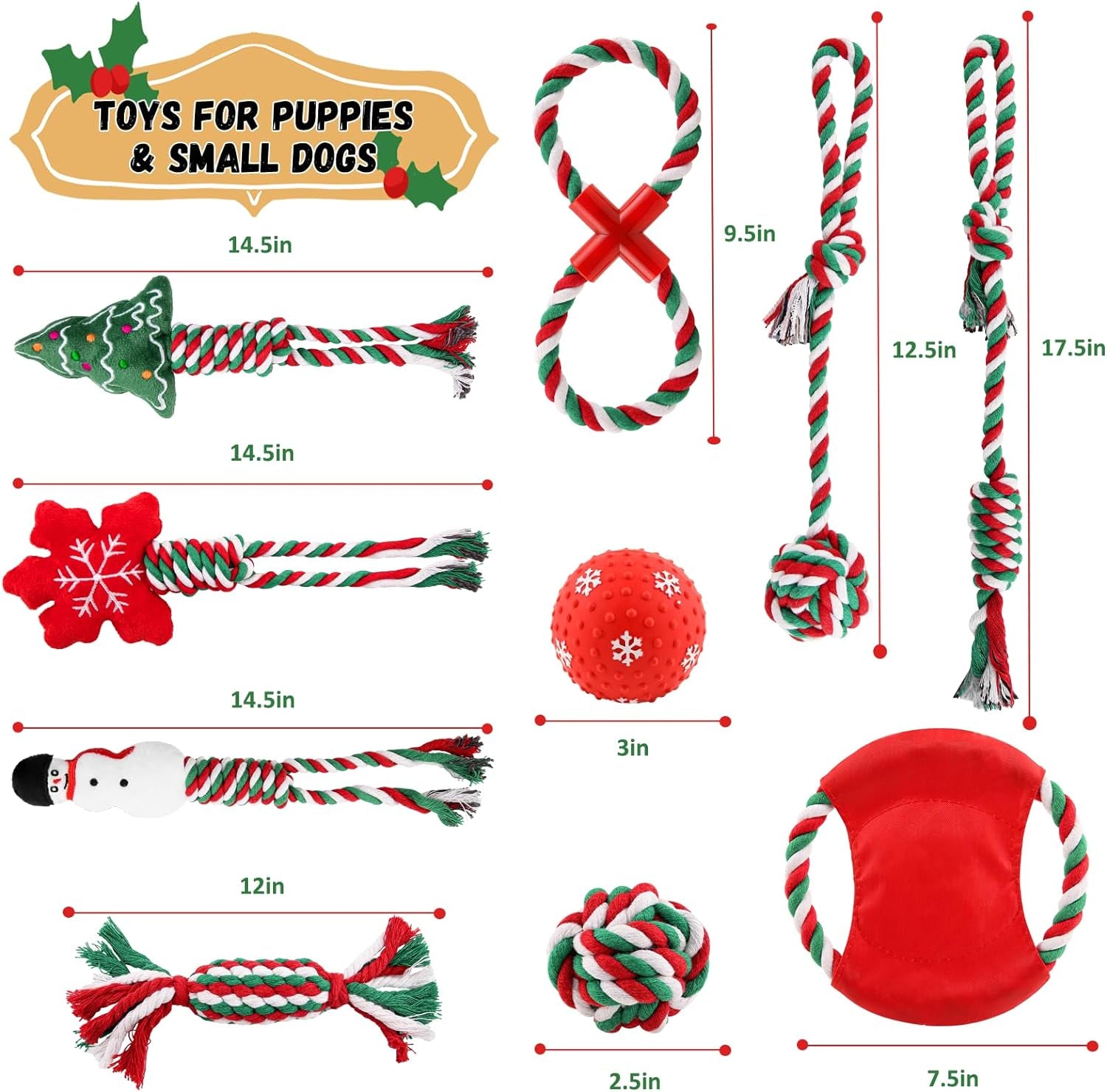 10 Pack Christmas Dog Toys Set, Xmas Gifts Pets Toys for Puppy, Dog Chew Toys with Rope Ball Toys, Interactive Dog Toys and Squeaky Toy for Small Medium Dog