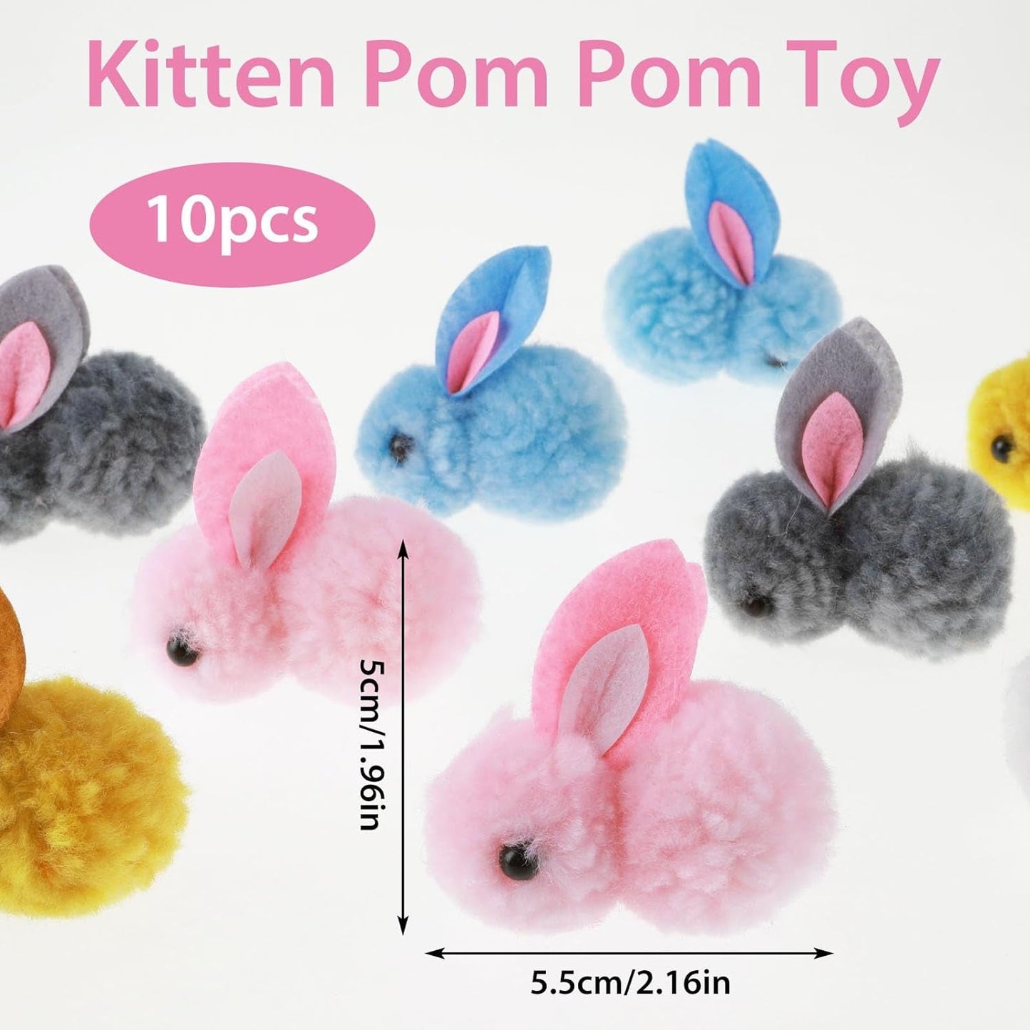 10Pcs Cat Plush Toy Balls, Cute Bunny Shape Kitten Pompom Soft Kittens 5.5Cm/2.16In Puff Ball Indoor Fun Colorful Cat Ball Toy Cat Pom Pom Balls for Pet