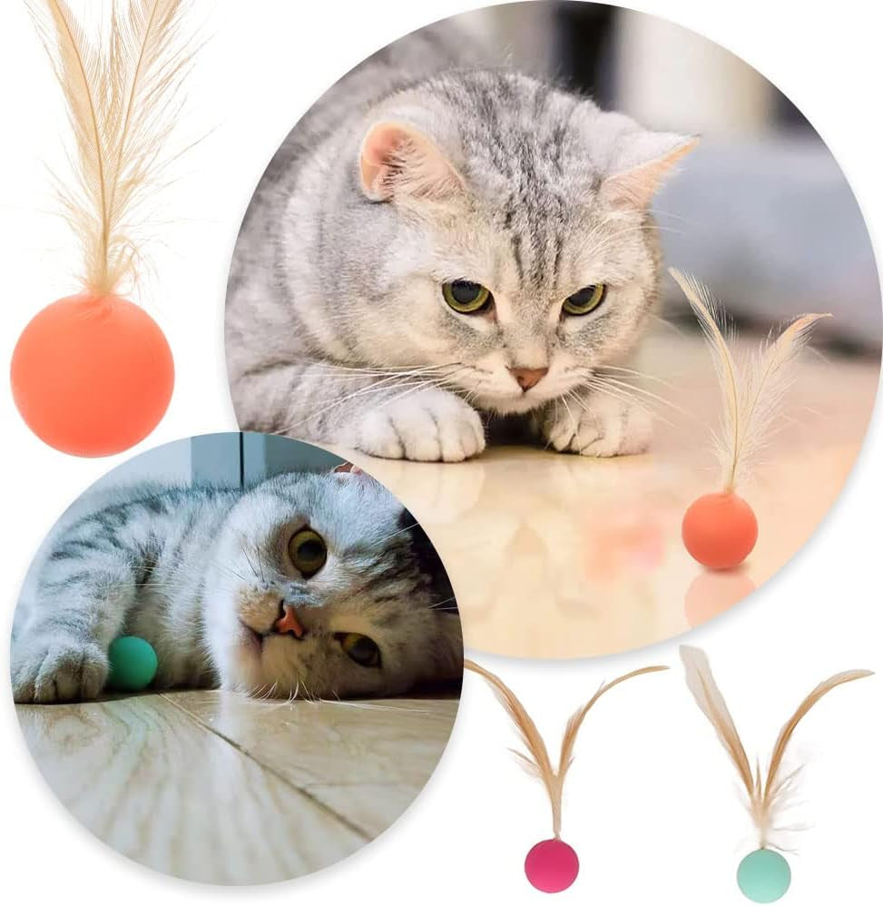 3 Pcs Cat Toy Balls Bite Resistant Cat Toys Bouncy Balls with Feathers High Rebound Pet Interactive Kitten Toys for Cats Indoor and Outdoor Play Interaction