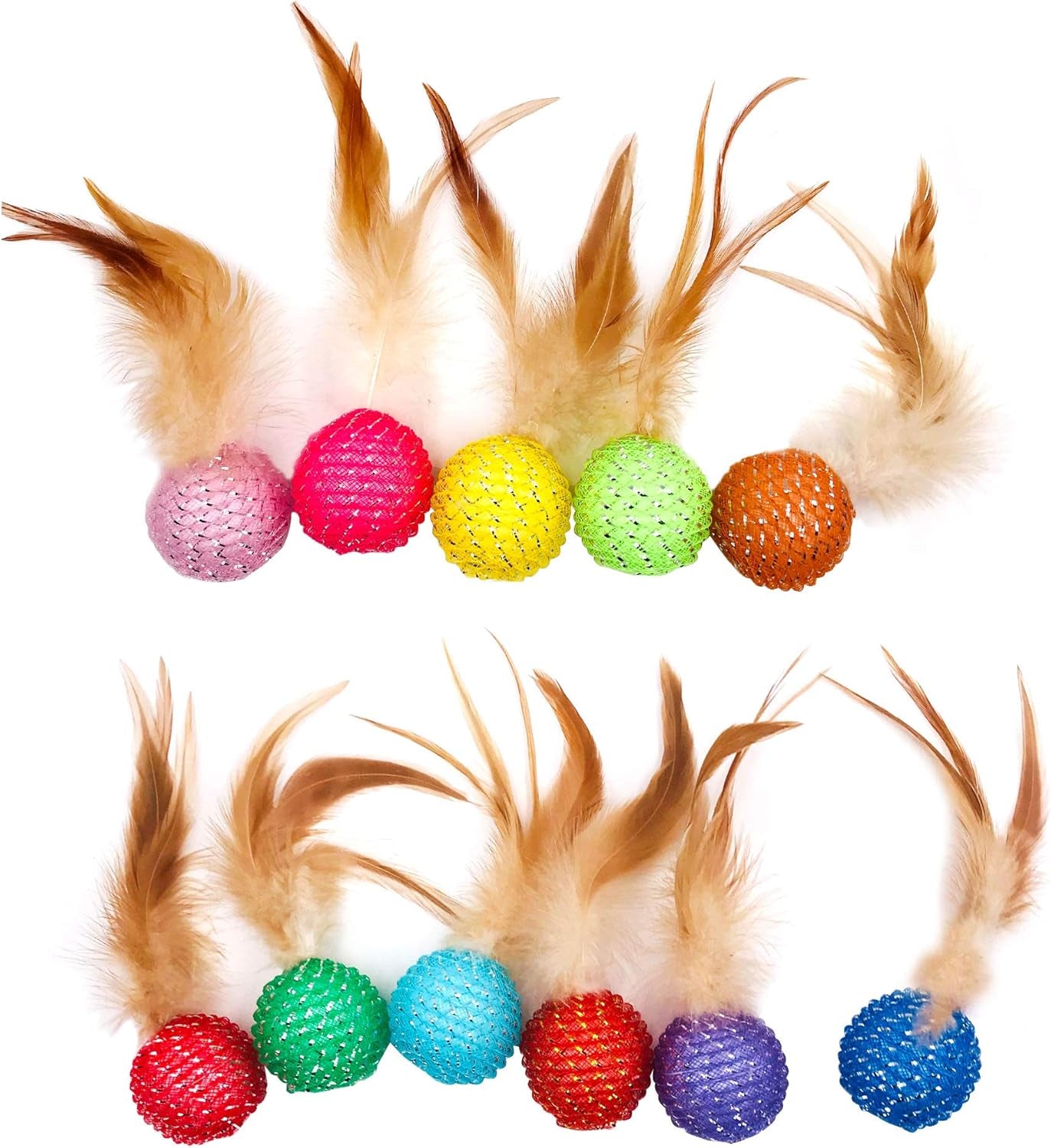 10Pcs Cat Colorful Rainbow Toys Flutter Balls with Feather and Bells for Indoor Ourdoor Kitty Kitten Interactive Playing Chewing Training Chasing Hunting and Exercise