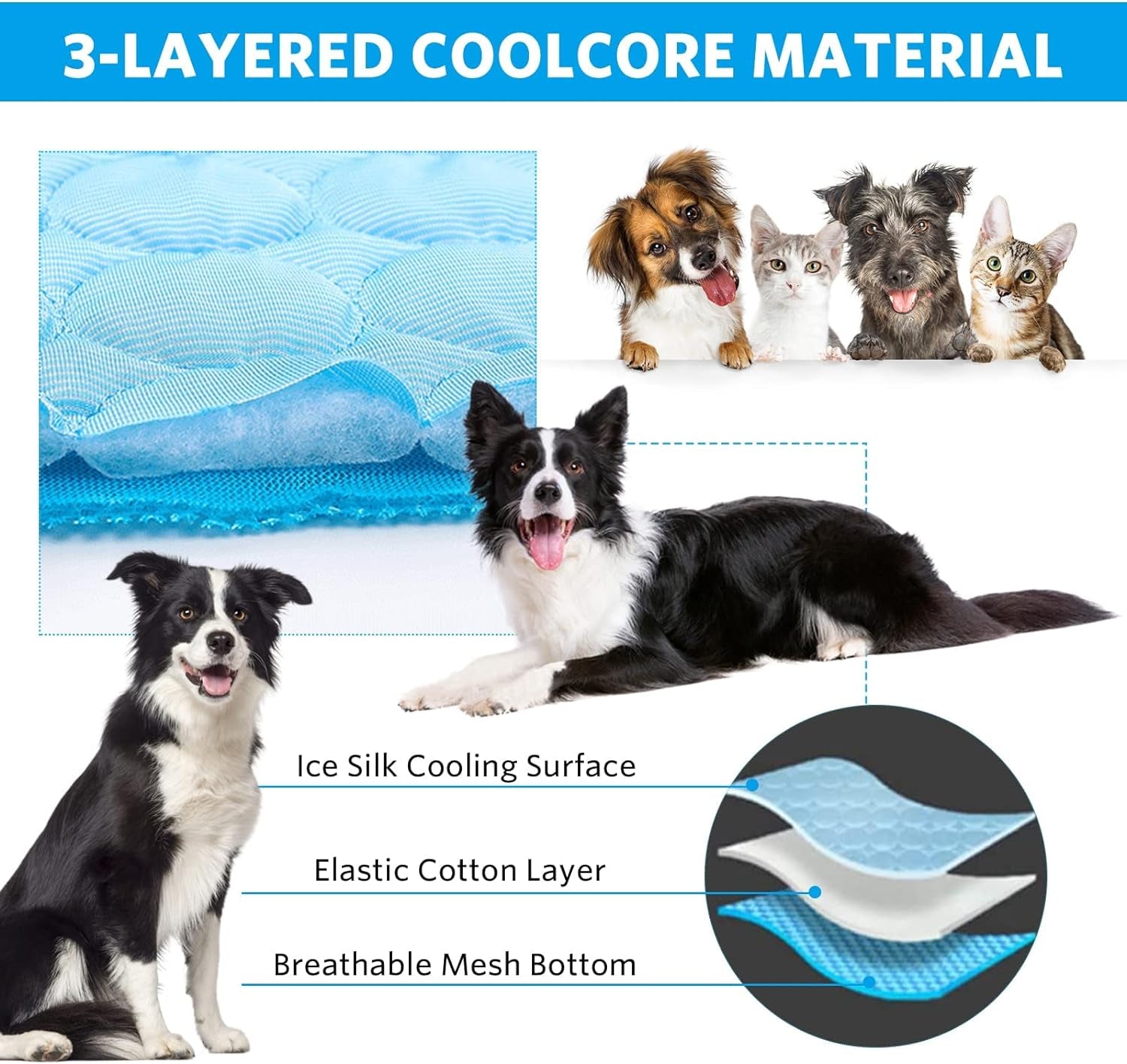 Dog Cooling Mat, Pet Cooling Mat for Dogs Cooling Blanket for Dogs Dog Cooling Pad for Kennels, Crates, Cars, Indoor & Outdoor Ice Silk Cooling Mat for Extra Large Dogs (Blue, L(28 * 22"))