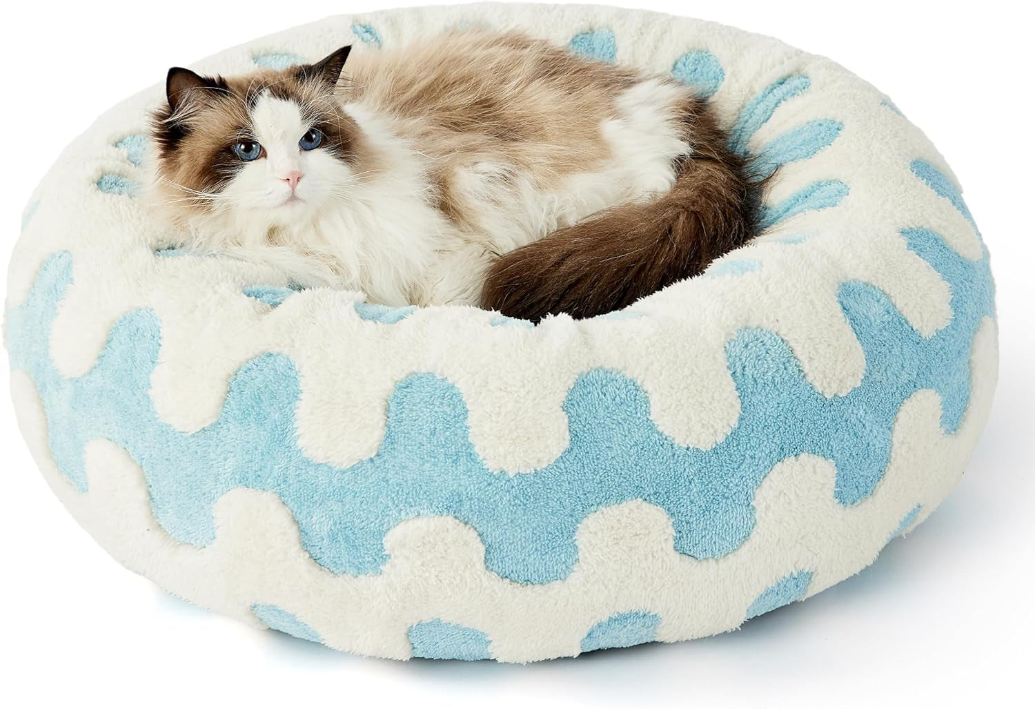 Lesure Donut Small Dog Bed - round Cat Beds for Indoor Cats Calming Pet Beds, Cute Modern Beds with Jacquard Shaggy Plush & anti Slip Bottom, 30 Inch, Blue