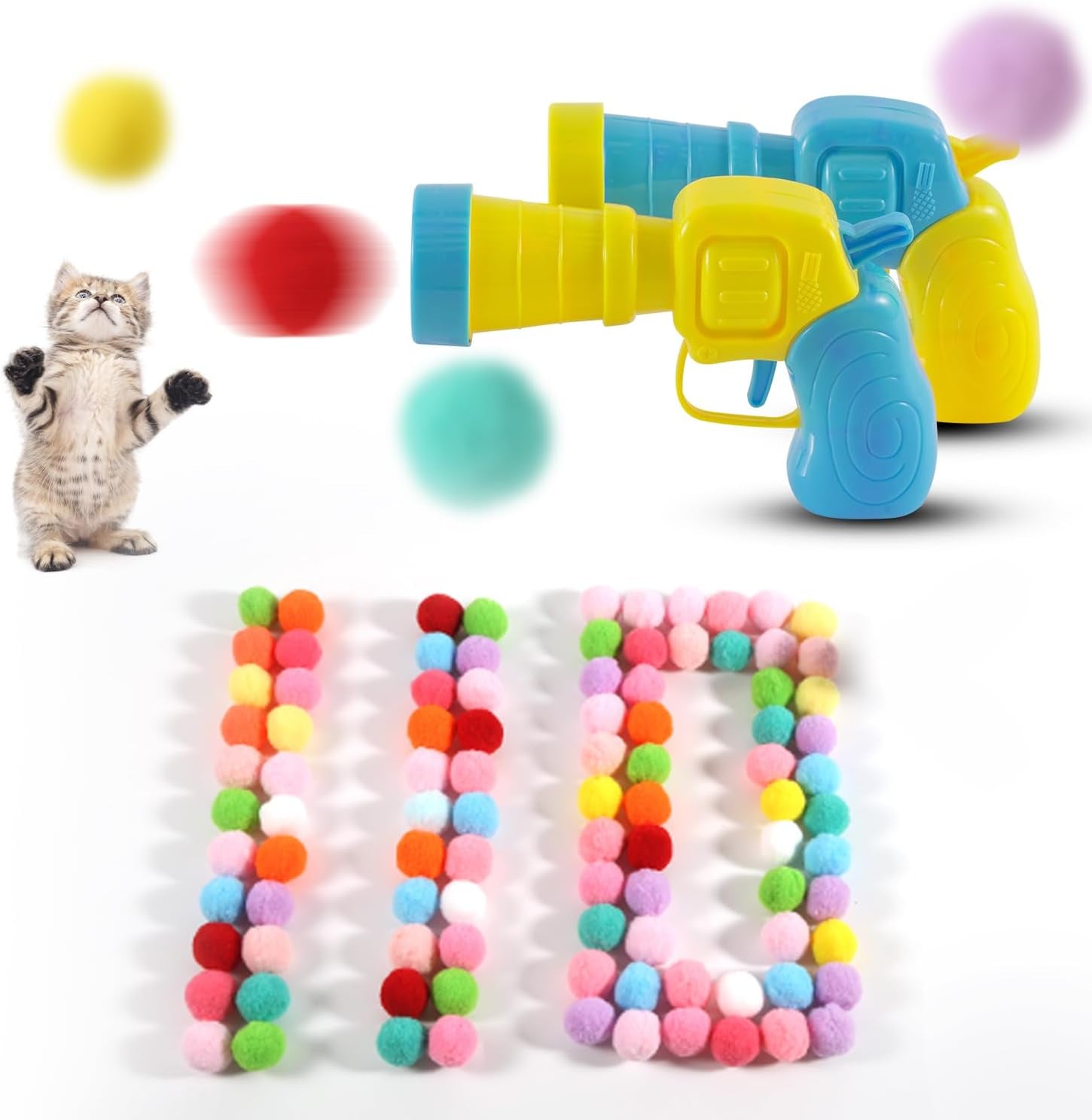 2 Cat Toy Gun Launcher with 110 Balls, 1.2" Plush Balls for Interactive Play & Hunting Instinct, Cat Toy Ball Launcher Gun for Cats, Cat Fetch Toy Gun Shooter, Interactive for Indoor Cats