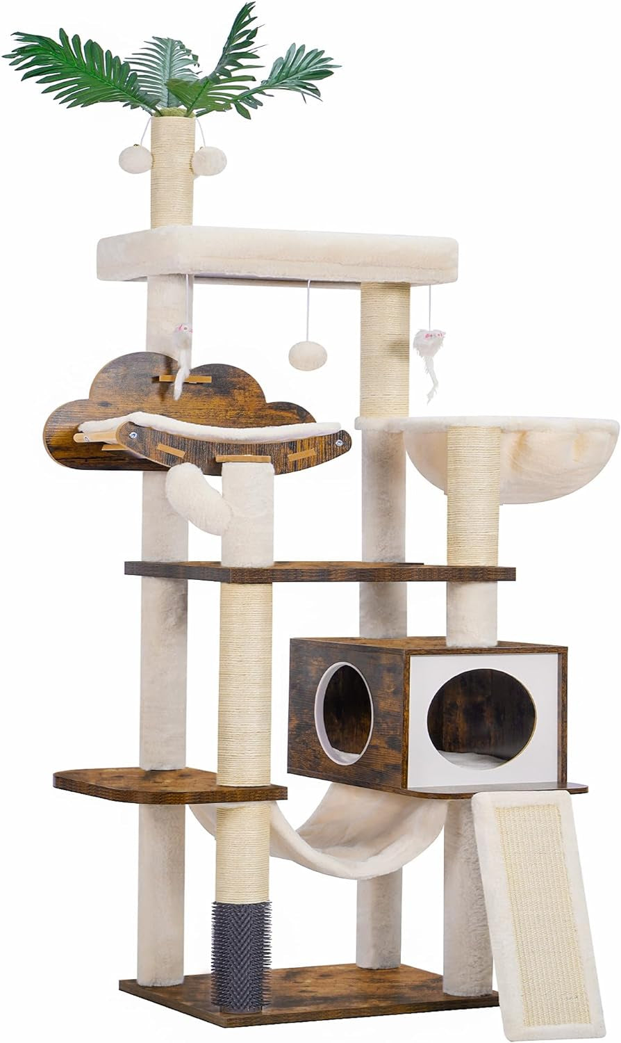 Hebly Wood Cat Tree for Indoor Cats, Cat Condo for Large Cats with Self Groomer,Modern Cat Scratching Tower with Basket,Hammock,Dangling Ball and Leaves,Rustic Brown HCT120SR