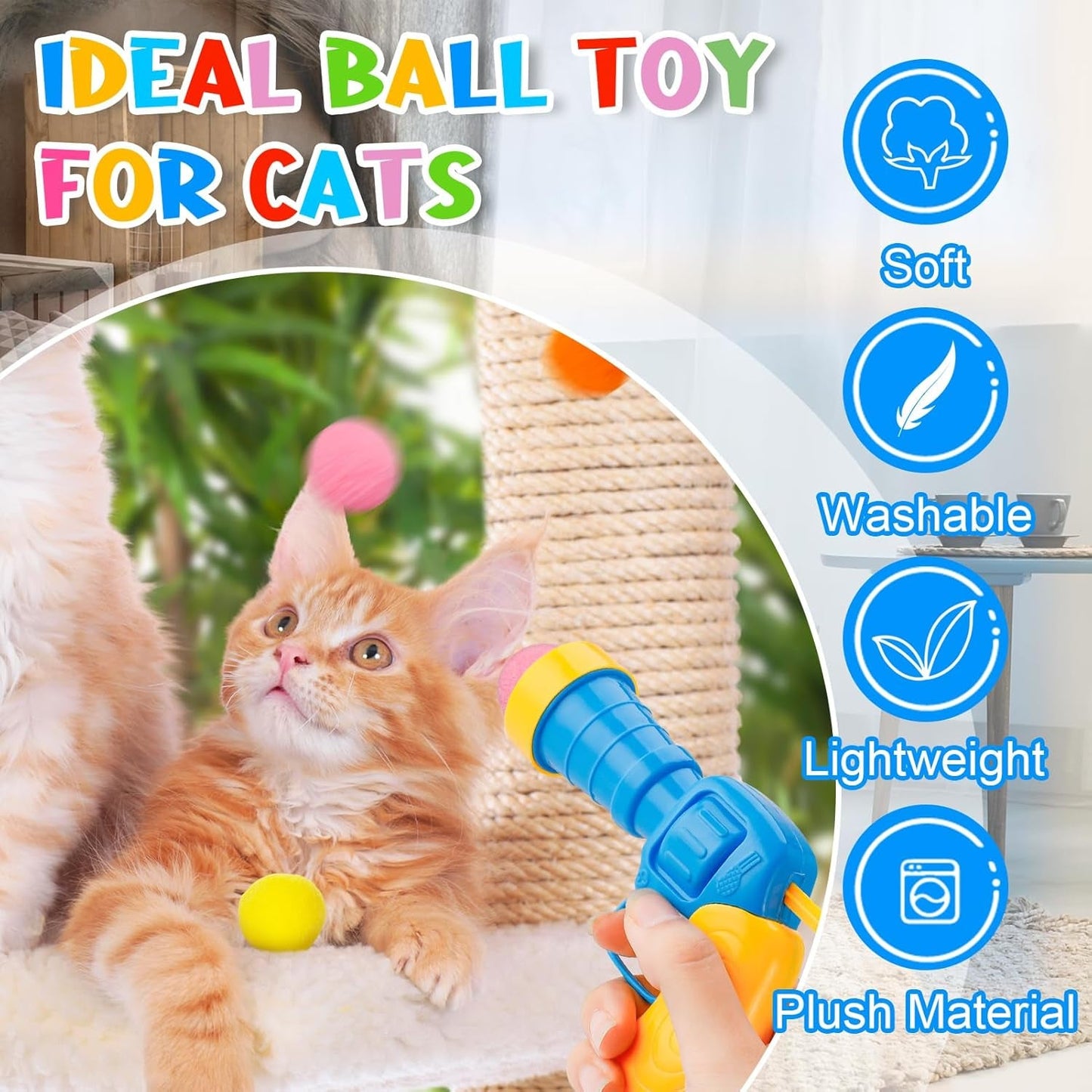 4 Pack Cat Plush Ball Launcher,Interactive Cat Toy with 12 Pcs Ping Pong Balls and 100 Pcs Plush Balls,Boredom Relief Silent Interactive Artifact Pet Supplies Suitable for Kittens,Dogs