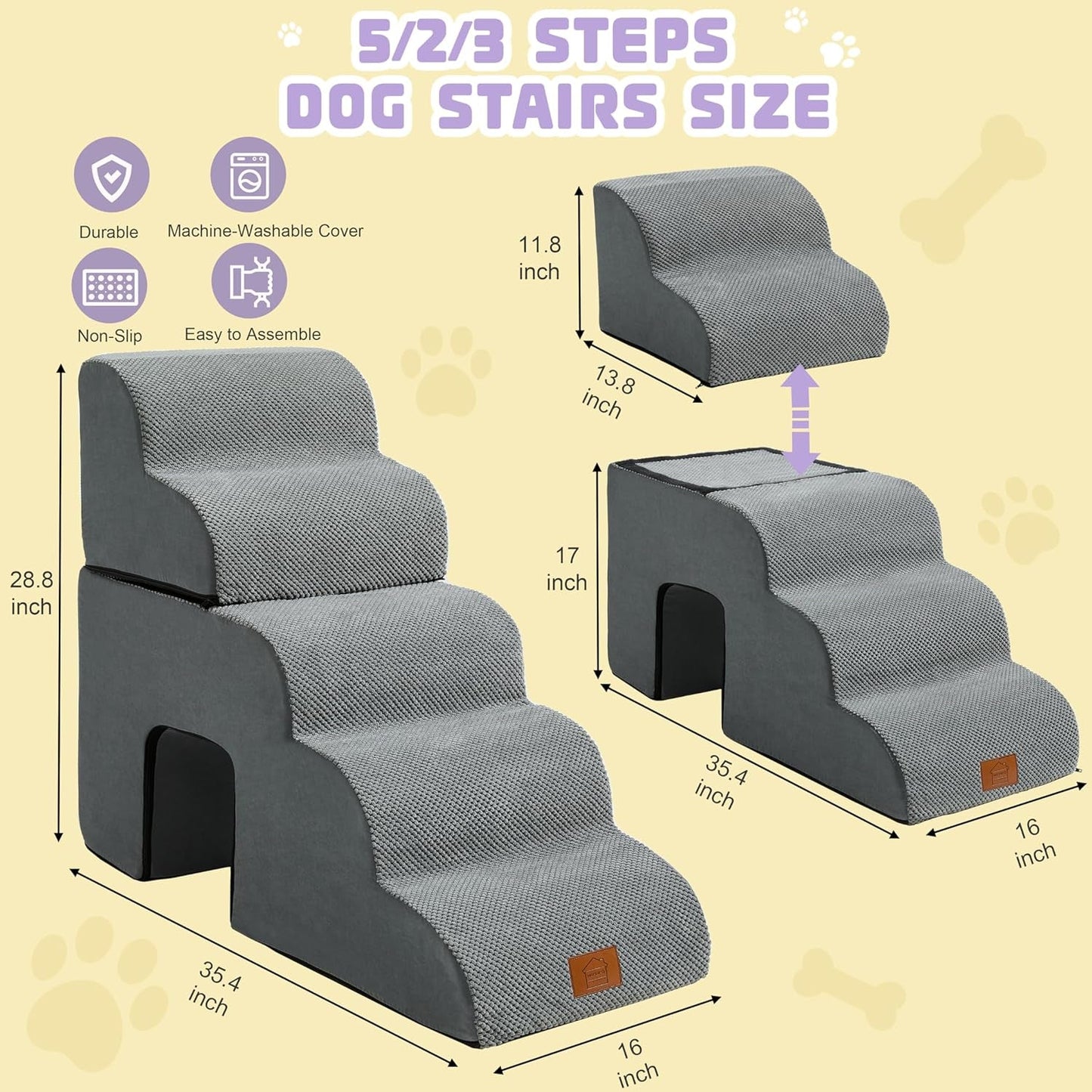 5 Step Dog Steps for Bed 30 Inches Height,Dog Stairs for Small Dogs,Pet Stairs for High Beds,Dog Ramp for Bed,Dog Steps for High Bed,Dog Steps for Couch,Pet Ramps for Small Dogs,Grey