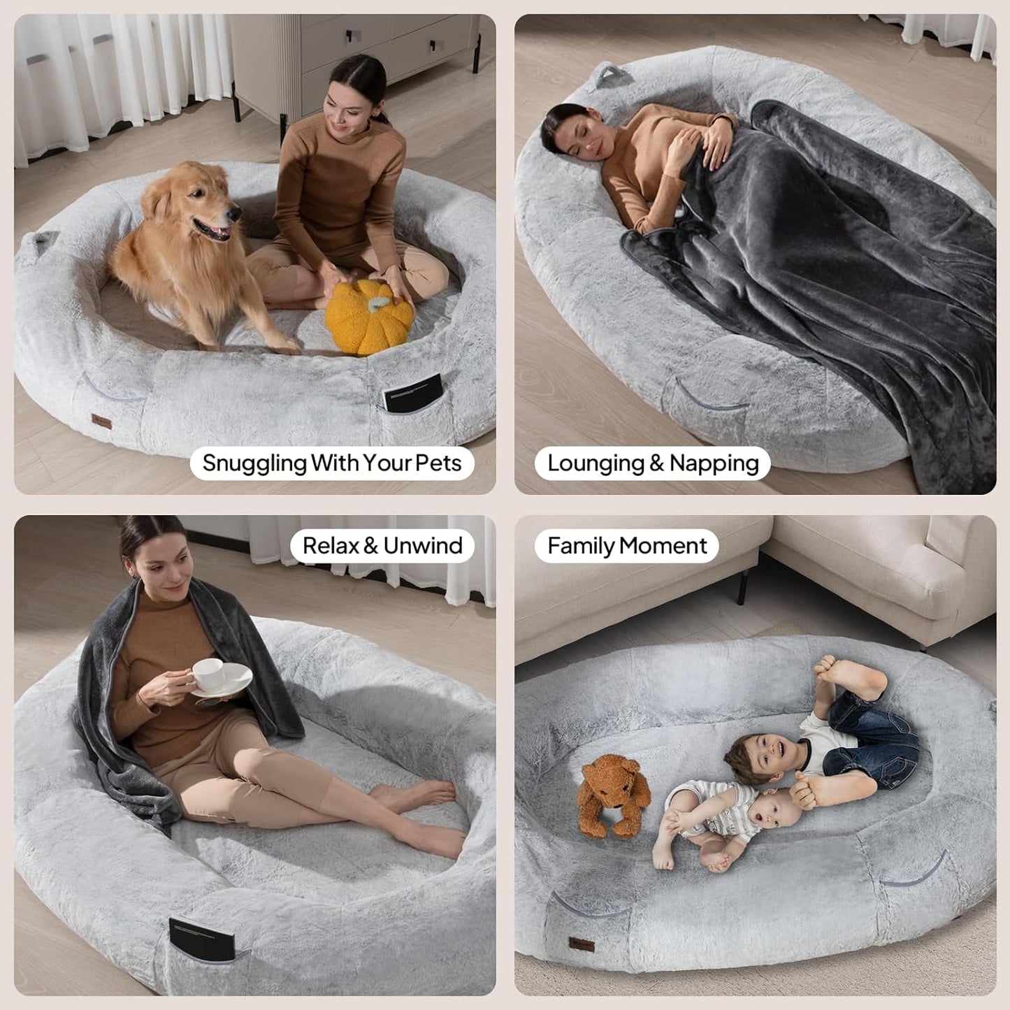 Human Dog Bed for People Large - Bean Bag Adult Size Giant Extra Sized for Kid Waterproof and Washable Anti-Slip Grey 74"X50"X12"