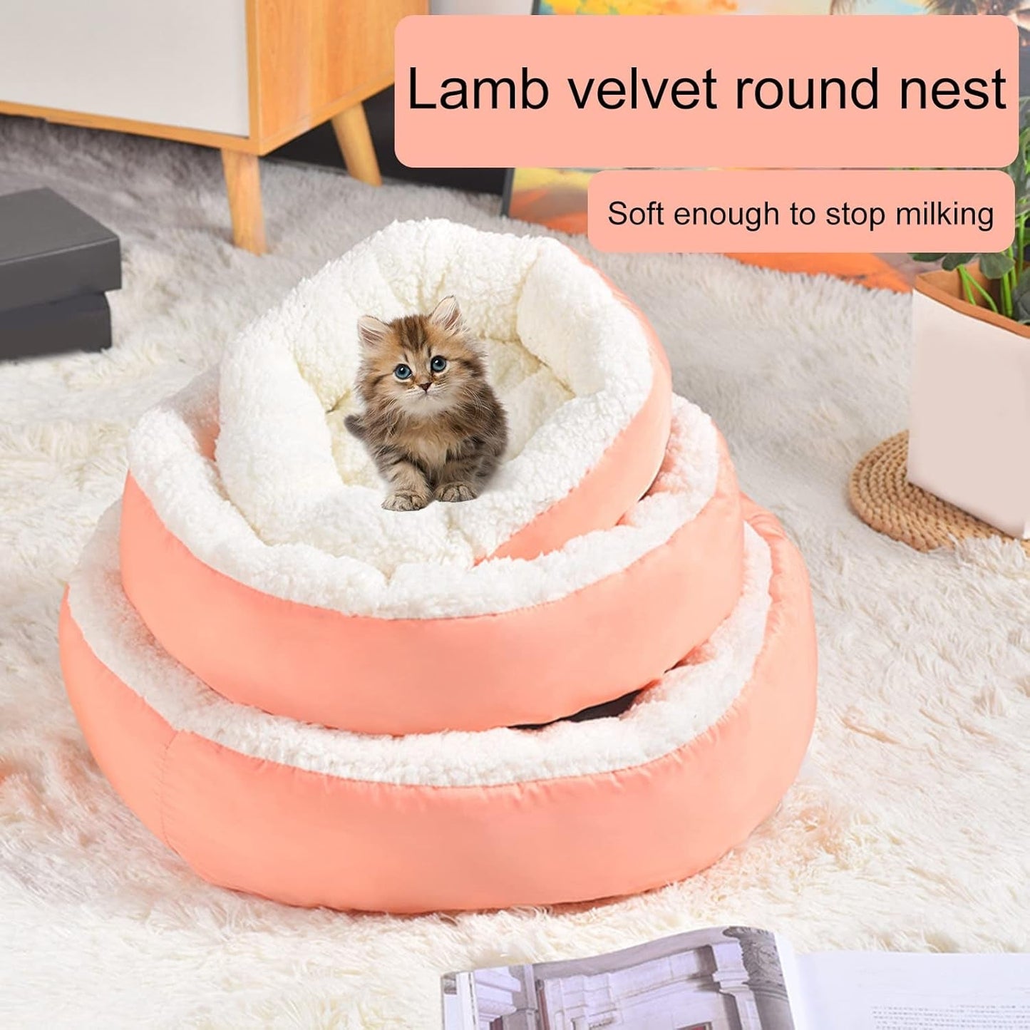 Calming Dog Bed Cat Cushion Bed, Lamb Velvet Warming Pet Bed, Comfortable Cuddler round Bed for Small Medium Dogs Cats House Indoor Sleeping Bed Pink S