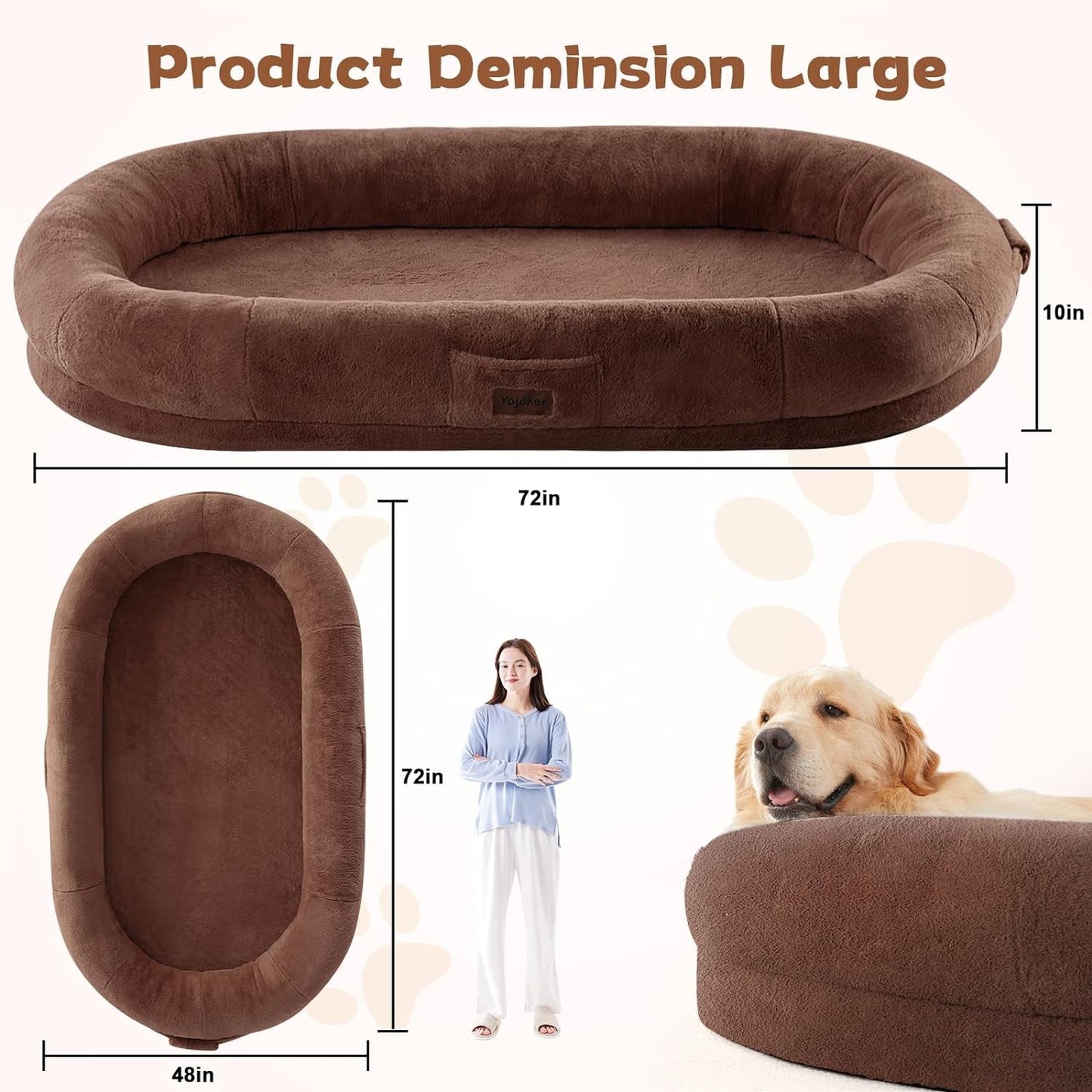 Human Dog Bed for People Adults, Giant Bean Bag Bed with Blanket 72"X48"X10", Washable Faux Fur Nap Bed Adult Oval for People, Removable Large Memory Foam Human Sized Dog Bed Brown