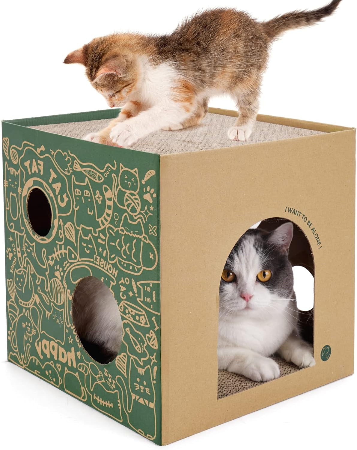 2 Pack Cat Scratcher Box with 3 PCS Scratching Pads, Reversible Corrugated Cardboard Lounge Bed with Feather Toy and Balls Recyclable Cat Scratcher Cardboard for Indoor Cats