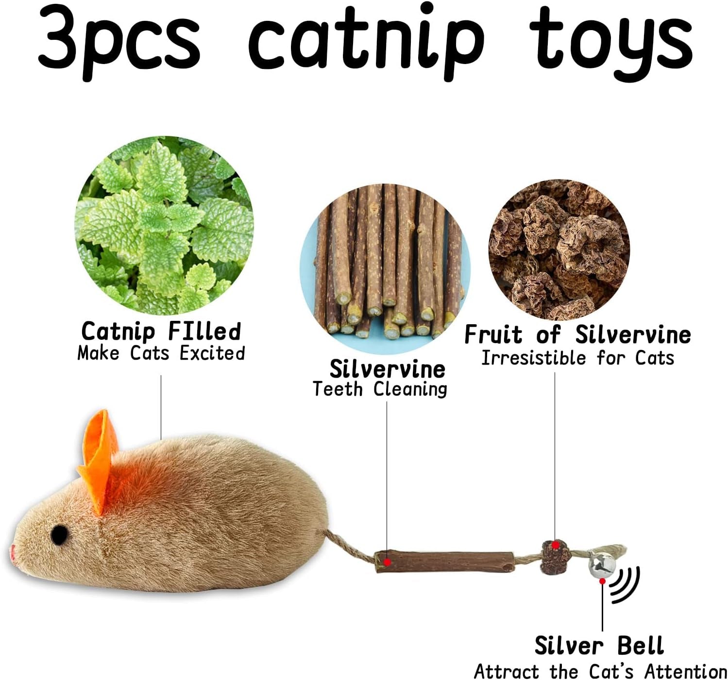 3Pcs Organic Cat Toys with Bells, Cat Chew Toy Large Mouse Toys for Cats, Cat Catnip Toys with Bell, Catnip Cat Mouse Toys, 8.9Inch Cat Mice Bell Organic Cats Toys