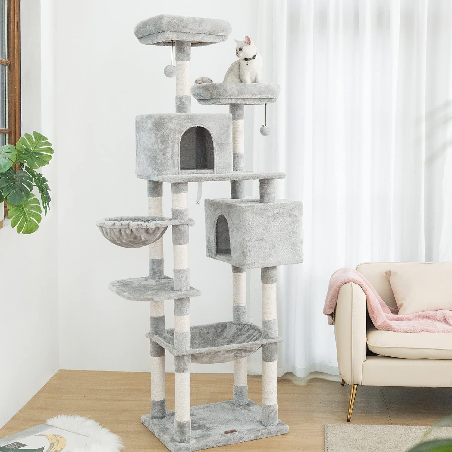 Kilodor Tall Cat Tree, 75Inch Cat Tower Multi Level Condo with Large Hammocks, Scratching Posts,Plush Perches Cat Activity Center Light Gray