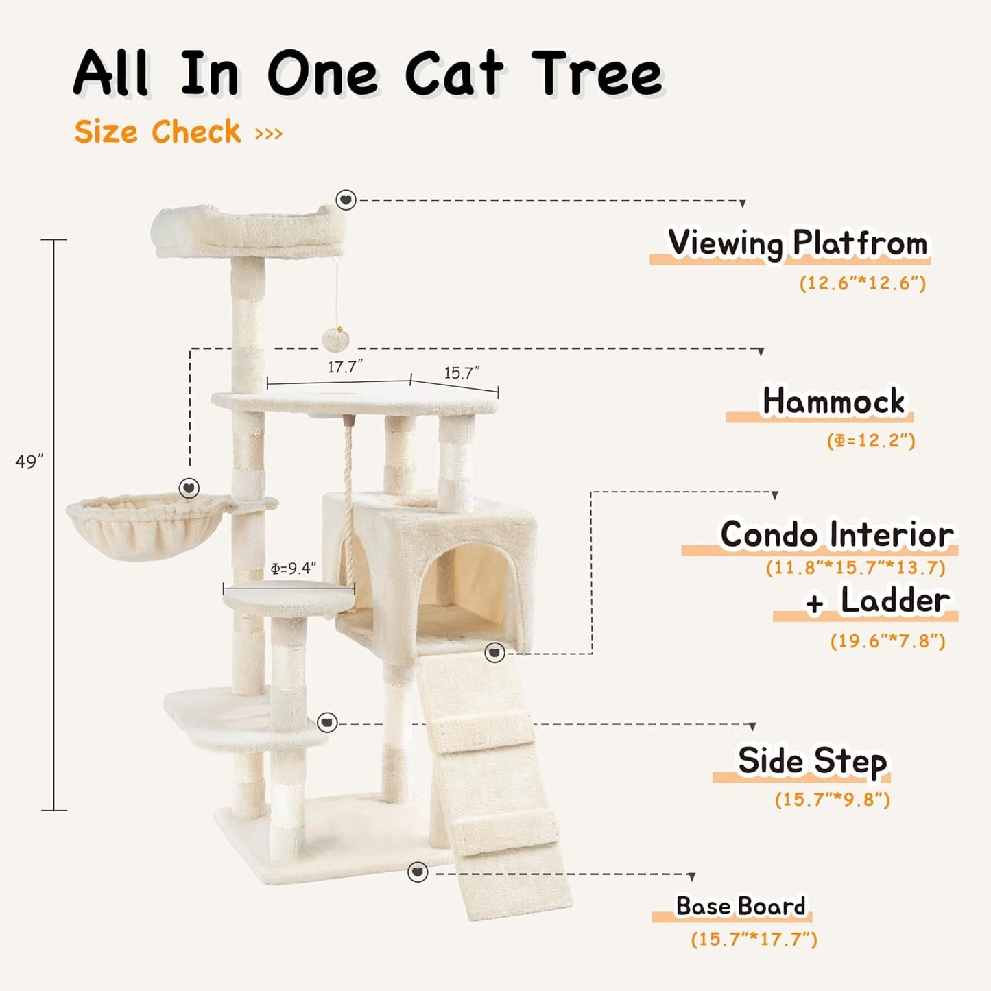 Hawsaiy Multi Level 51 Inch Cat Tree Tower for Indoor Cat with Cat Condo, Scratching Sisal Posts,Hammock, Ladder and Feeding Bowl Beige