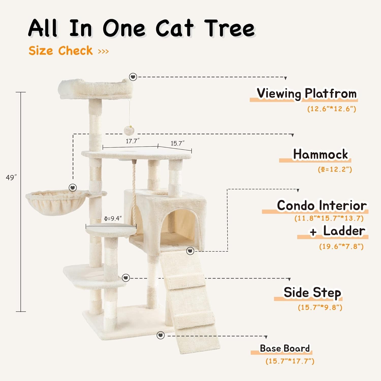 Hawsaiy Multi Level 51 Inch Cat Tree Tower for Indoor Cat with Cat Condo, Scratching Sisal Posts,Hammock, Ladder and Feeding Bowl Beige