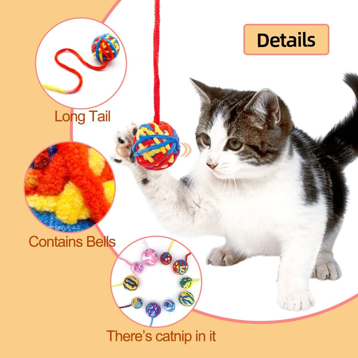 10 Pcs Cat Toy Balls with Bell for Indoor Kitty Interactive round Kittens Mint Toys Catnip Woolen Yarn Ball Built in Bell 2 Sizes Interaction Play Training and Chewing Accessories