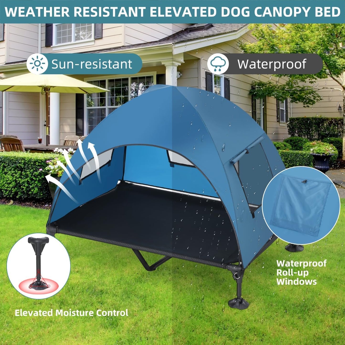 Elevated Outdoor Dog Bed with Canopy, Cooling Raised Dog Cot Bed with Removable Shade, Portable Pet Bed Cot with 360° Adjustable & Non-Slip Feet, Dog Tent Bed for Large Dogs Camping, Indoor & Outdoor