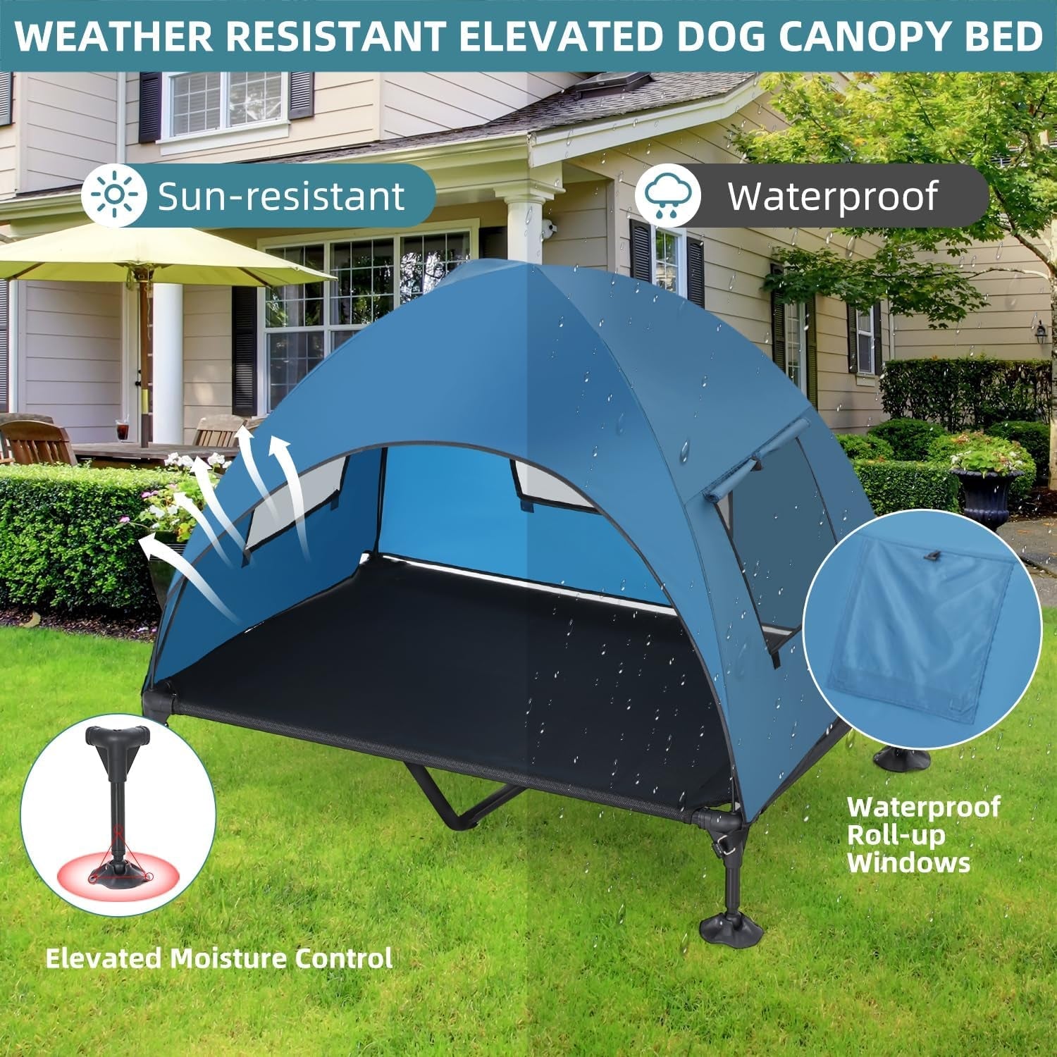 Elevated Outdoor Dog Bed with Canopy, Cooling Raised Dog Cot Bed with Removable Shade, Portable Pet Bed Cot with 360° Adjustable & Non-Slip Feet, Dog Tent Bed for Large Dogs Camping, Indoor & Outdoor