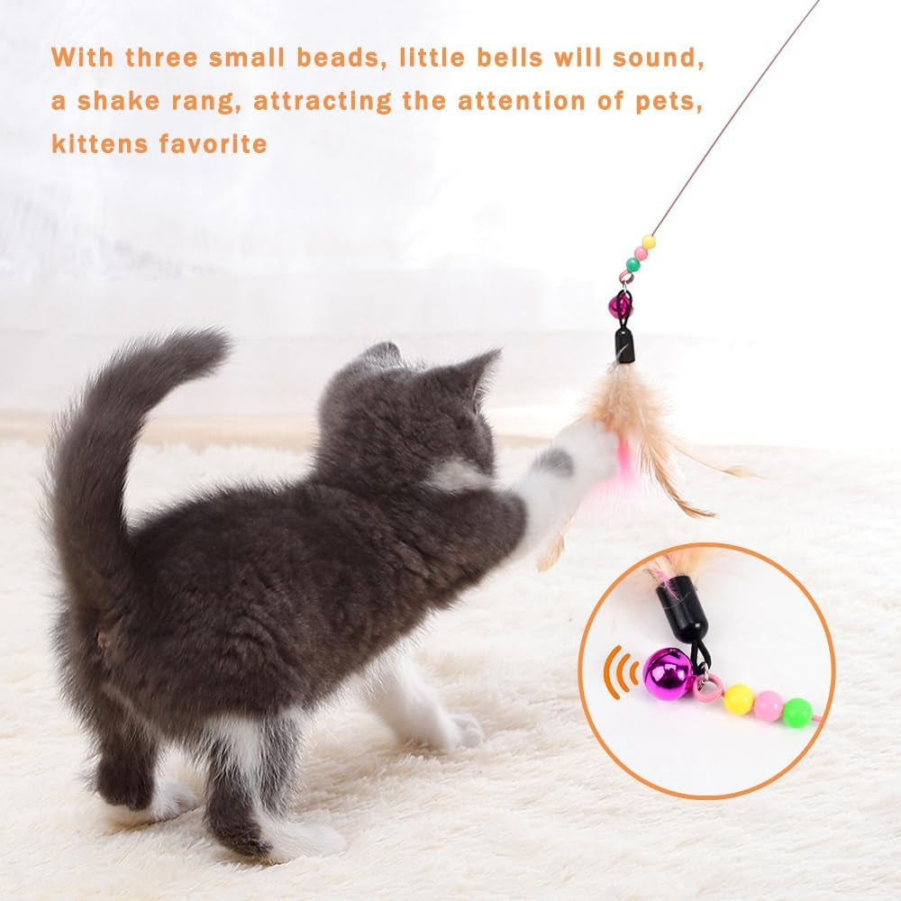 20 Pack Cat Feather Toy, Cat Toys Wand, Interactive Pet Cat Kitten Chaser Teaser Wire Wand with Bell Beads for Cat Exercise Play Fun Gifts - Wholesale