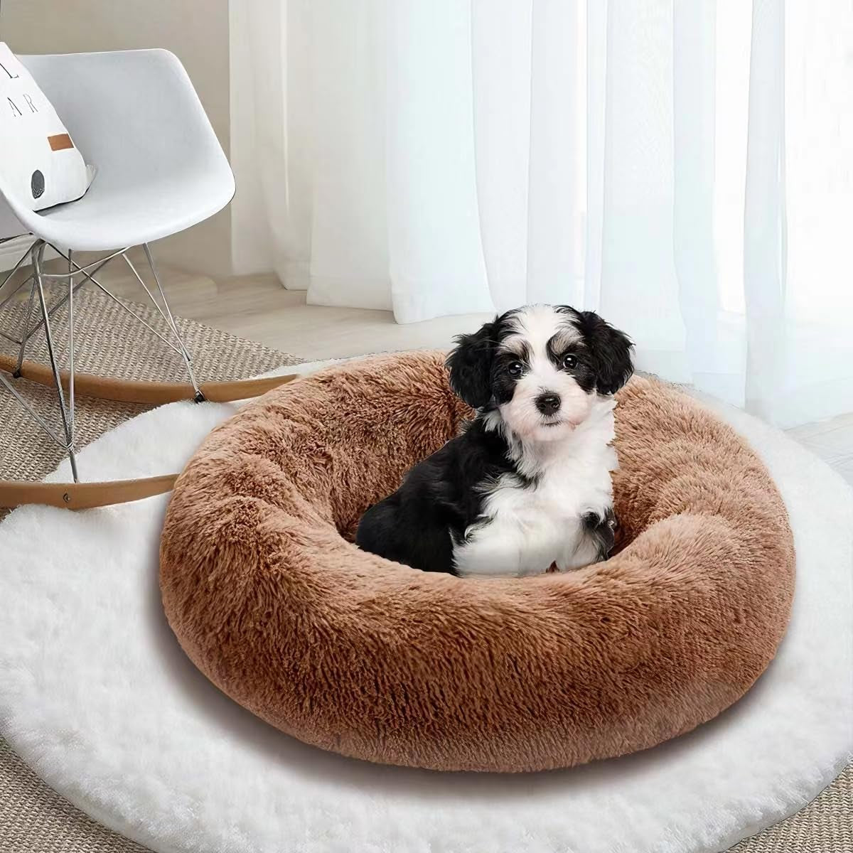 Deluxe Calming Dog Bed for Small Medium Dogs & Cats - Anti-Anxiety Donut Cuddler Cozy Warm Soft Fluffy Faux Fur round Beds Sizes 24" Puppy Bed (Dark Grey, Small)