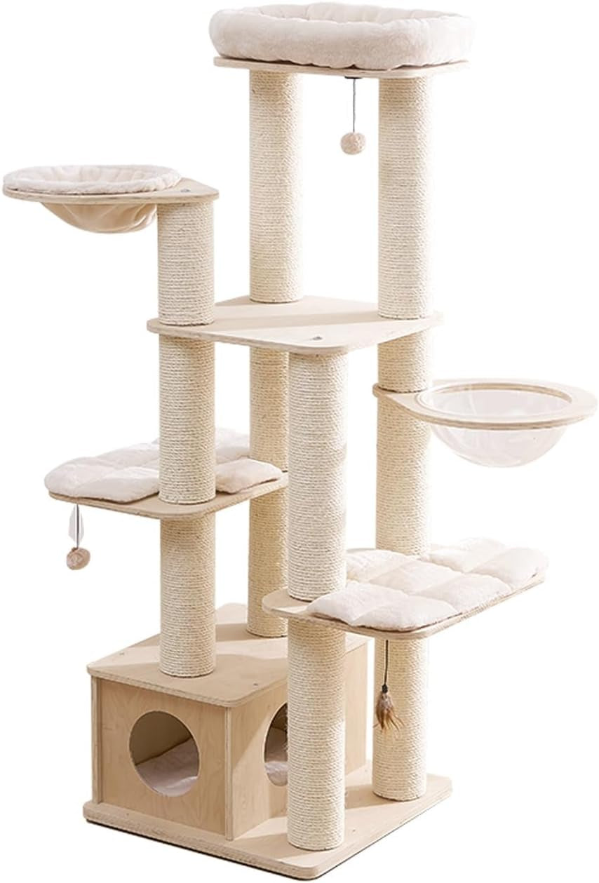 Modern Wood Cat Tree with Interactive Toys Hanging Ball, 65-Inch Cat Tower with Multi-Layer Platform & Condo, Tall Cat Tree with Sisal Rope Scratching Posts, Cat Condo Furniture W/Washable Plush Cushi