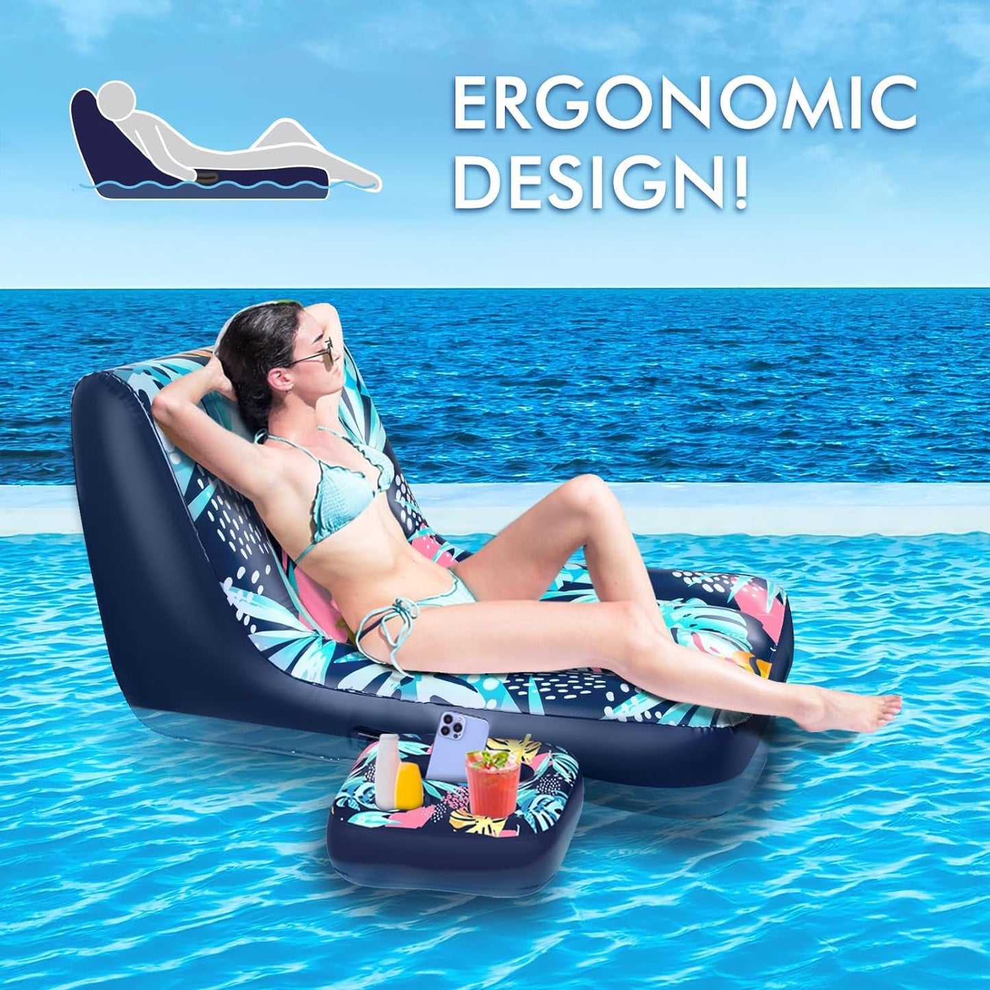 Hawaii Flower Pool Float Lounger, Inflatable Floating Chair with Cupholder Caddy, Heavy Duty Floaties Toys Adult Size for Swimming Pool, Lake, River