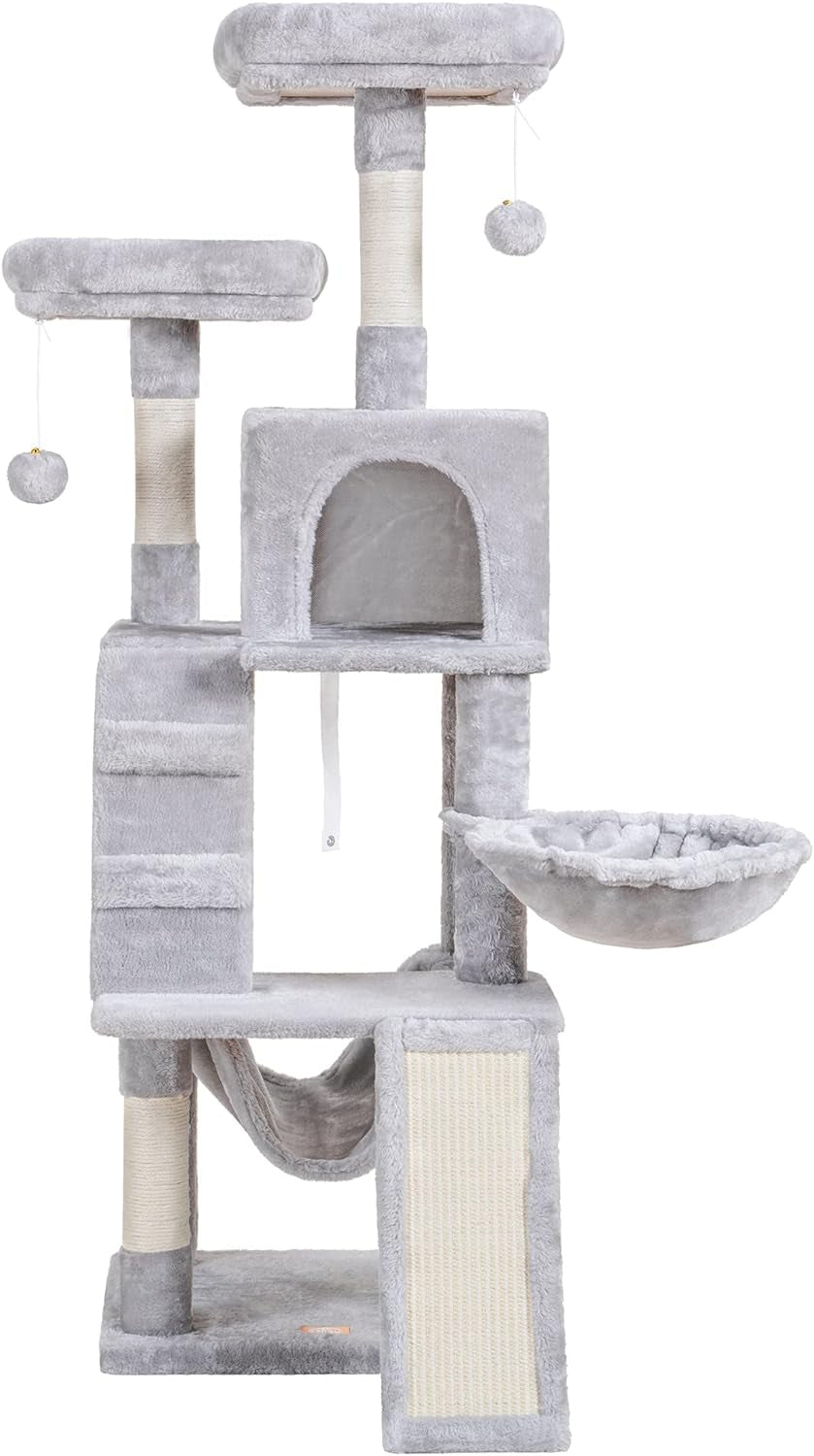 Heybly Cat Tree, Cat Tower for Indoor Cats,Multi-Level Cat Furniture Condo for Cats with Padded Plush Perch, Cozy Basket and Scratching Board Light Gray HCT014W