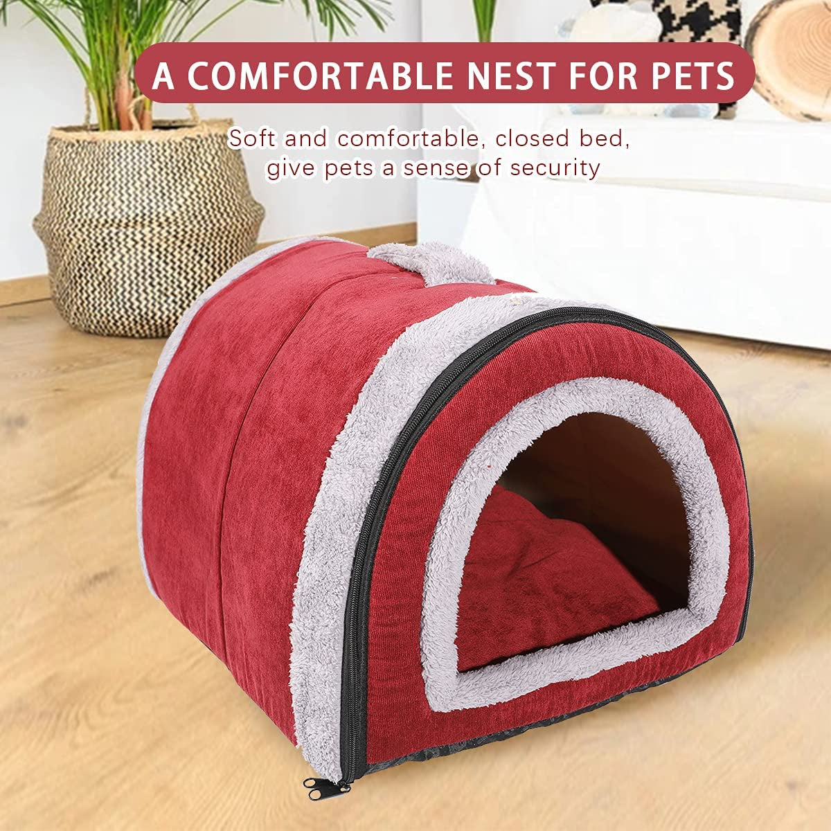 Barelove Pet Dog Bed for Indoor Cat Small Doggy, 2 in 1 Portable Soft Plush Pet Kitten Lgloo House Cave Warm Cozy Premium Cotton Puppy Rabbit Tent Beds with Removable Cushion & Anti-Slip Bottom (Red)