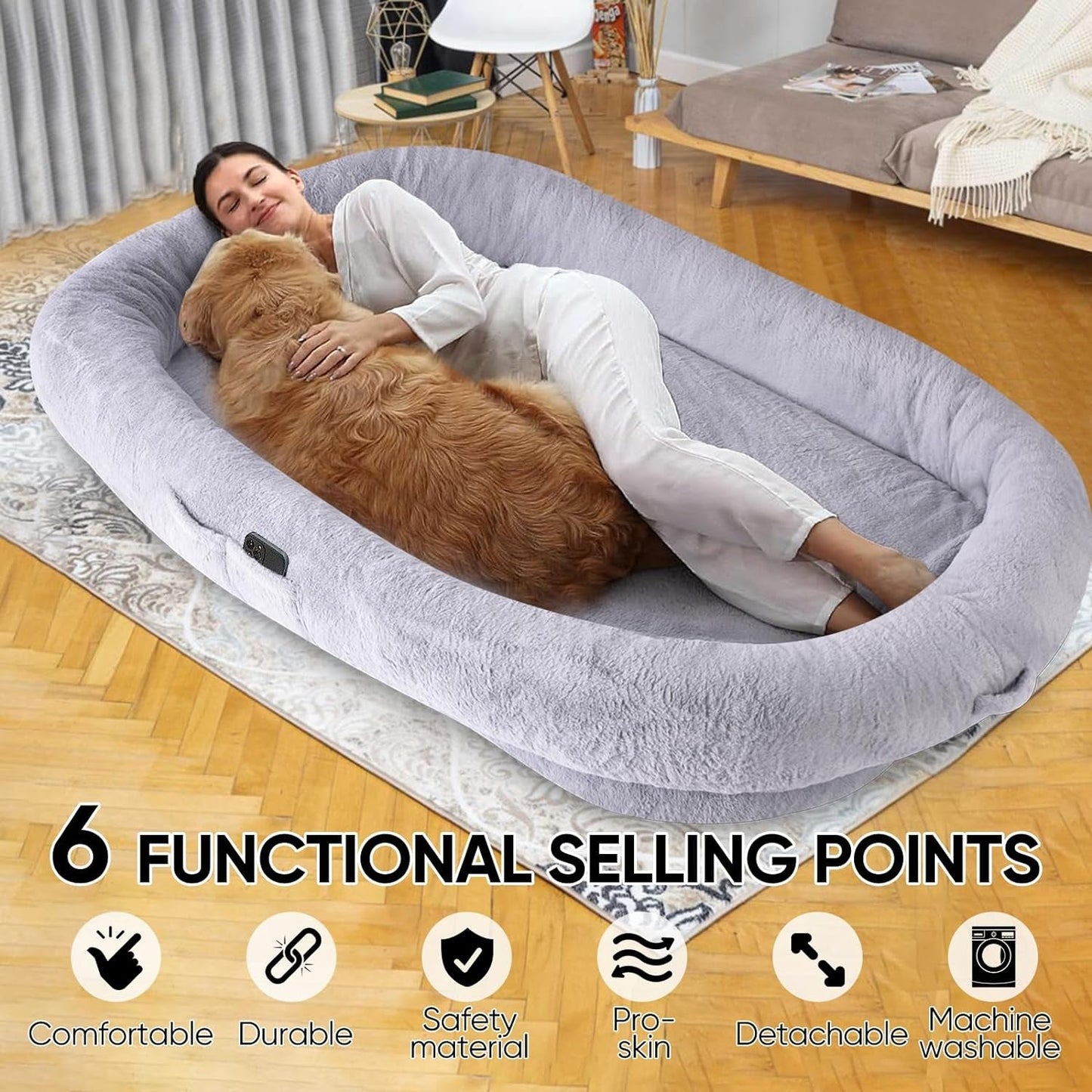 Human Dog Bed for Adult, 72" X48" X10" Giant Bean Bag Dog Bed, Removable Washable Faux Fur Dog Beds for Large Dogs,Human Size Dog Bed with Soft Blanket for Families,Pets