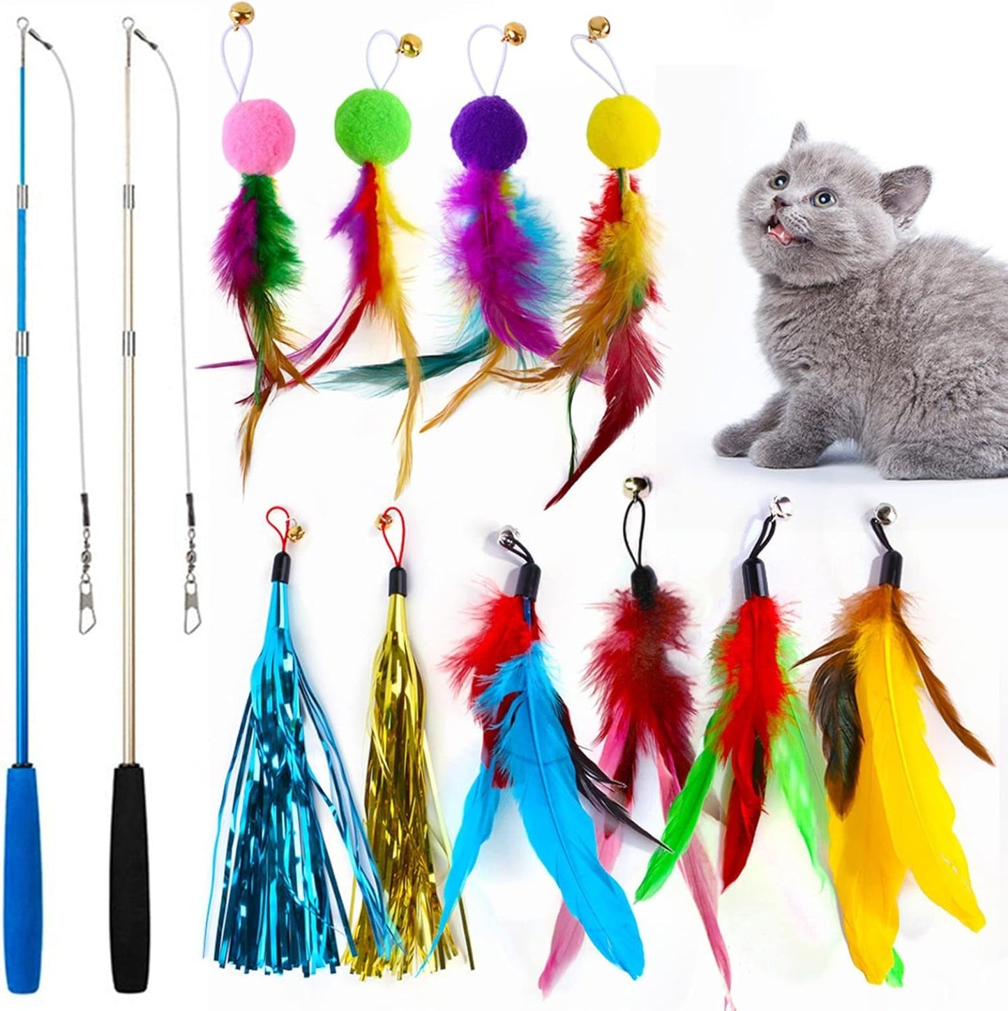 12Pcs/Set Cat Wand Toy Retractable Stress Relief Exercise Toy Cat Chasing Toy with 10 Feather Tassel Replacement for Indoor - Multicolor