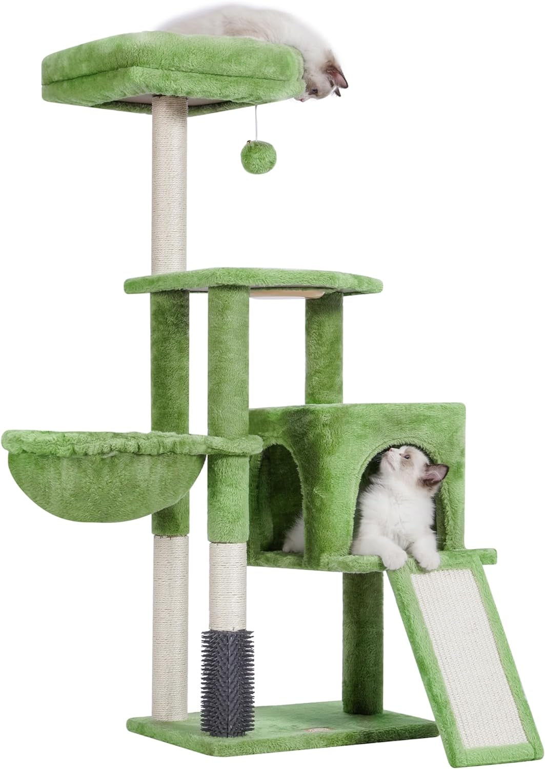 Heybly Cat Tree with Cat Self Groomer Brush, Cat Tower Condo for Indoor Cats with Padded Plush Perch,Feeding Bowl,Cat House with Basket Scratching Board Post, Light Gray HCT005SW