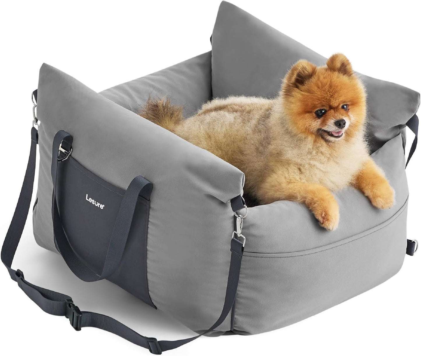 Lesure Small Dog Car Seat for Small Dogs - Sherpa Dog Booster Seat for Car with Storage Pockets and Clip-On Safety Leash and Thickened Memory Foam Filling, Puppy Travel Carrier Bed, Espresso