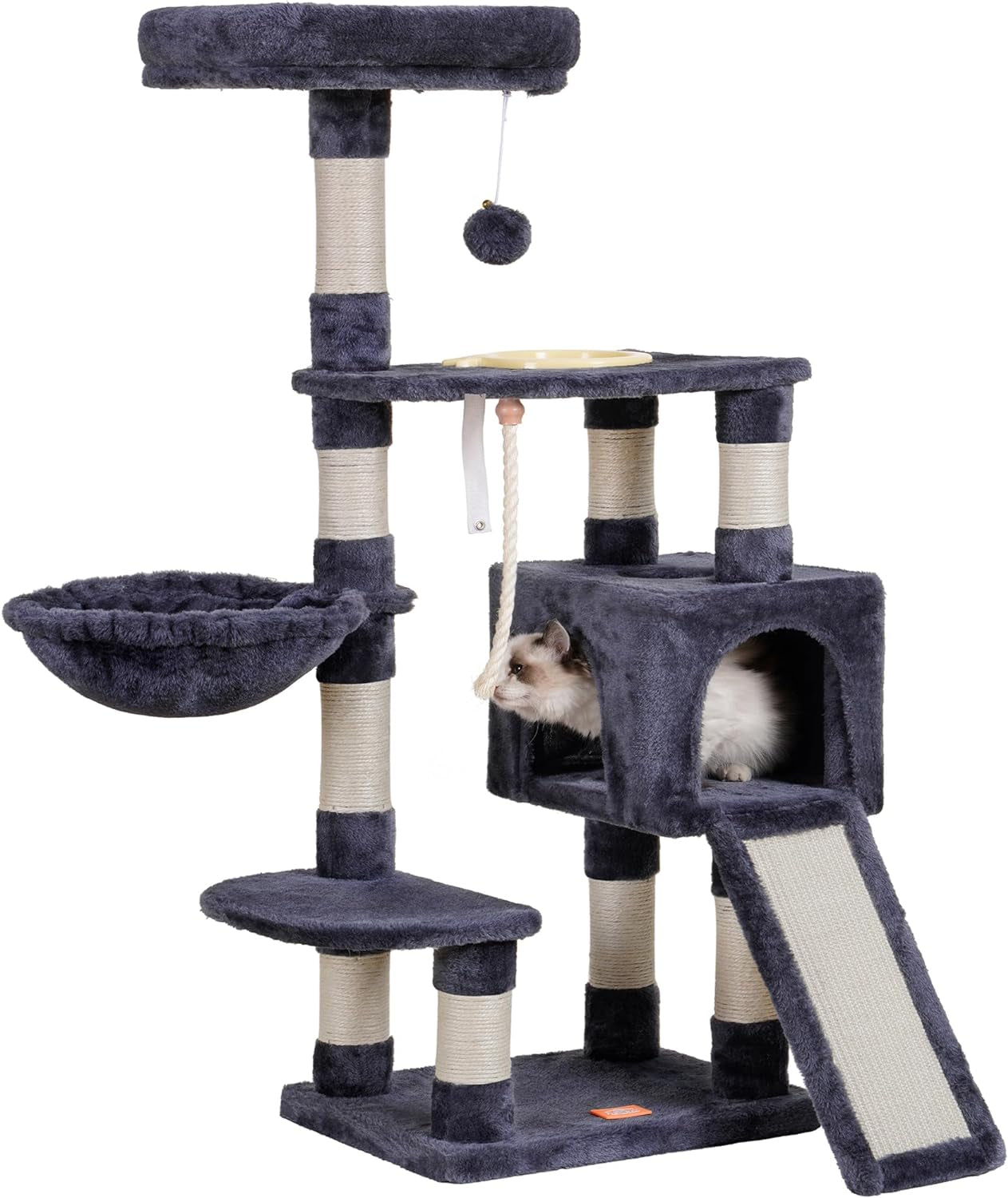 Heybly Cat Tree with Cat Self Groomer Brush, Cat Tower Condo for Indoor Cats with Padded Plush Perch,Feeding Bowl,Cat House with Basket Scratching Board Post, Light Gray HCT005SW