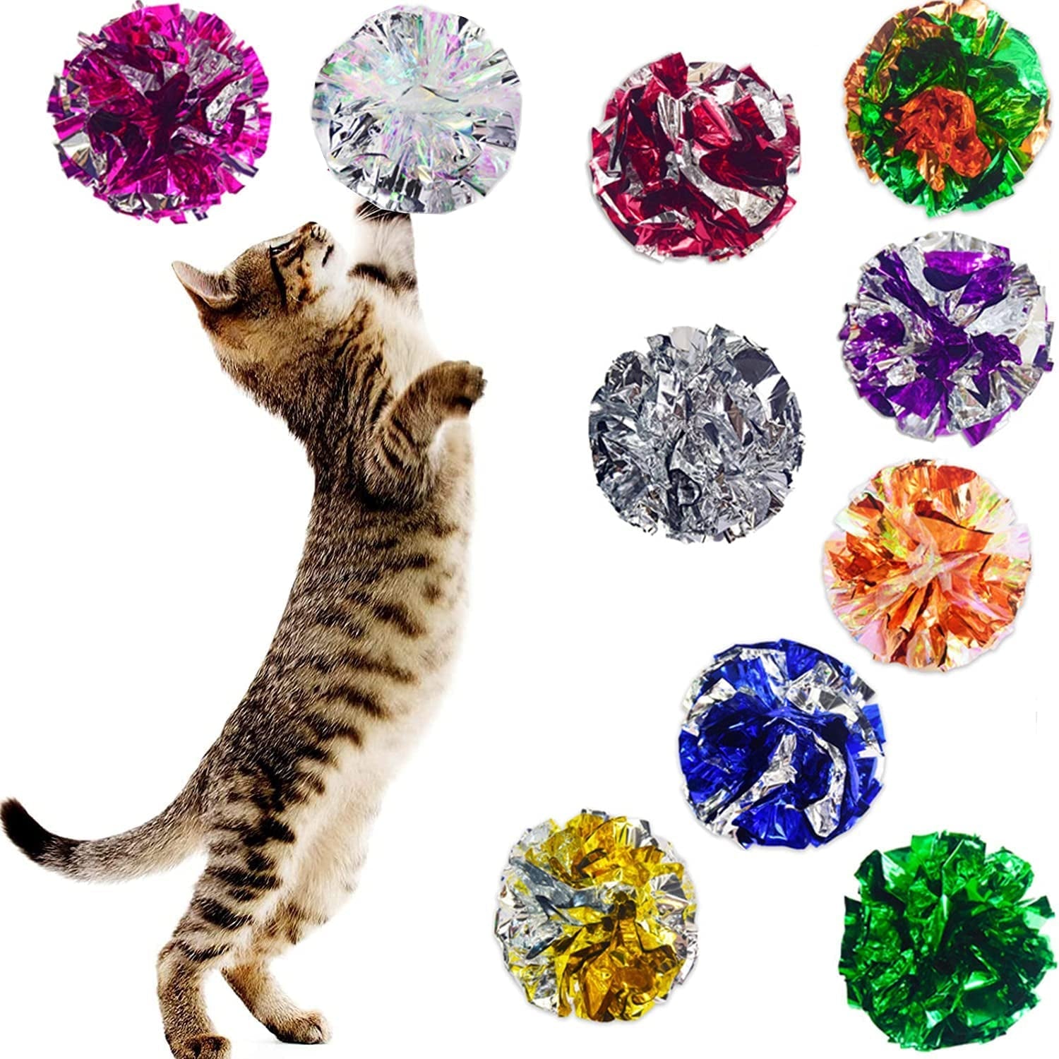 30 Pcs Crinkle Balls Cat Toys Sparkle Balls, 10 Pcs Mylar Crinkle Balls Cat Toy, 20 Pack Glitter Pom Pom Balls Cat Toy Pom Balls Tinsel Balls, Color Random