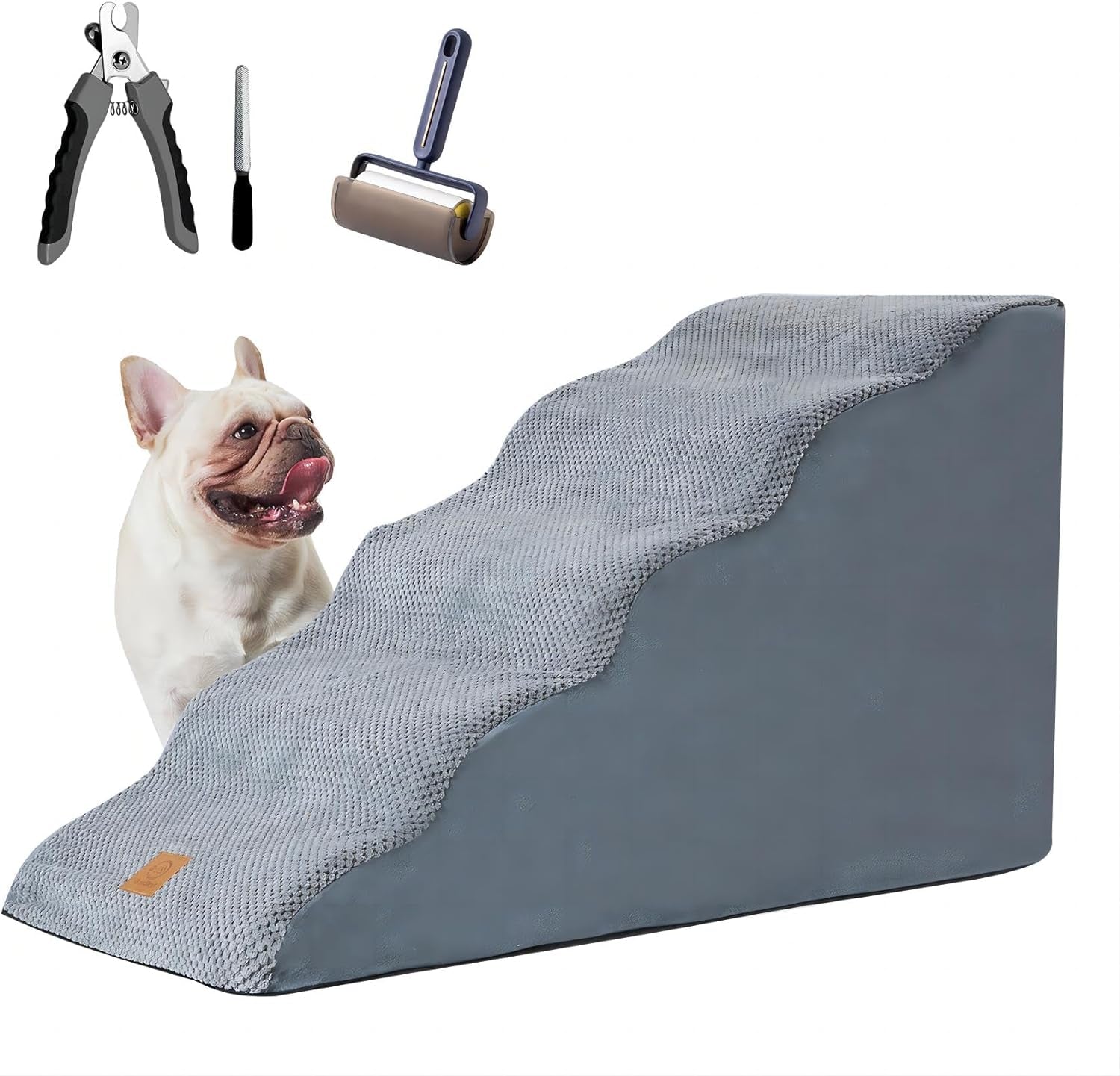 Dog Stairs & Steps for Small Dogs Cats with Premium Nail Clipper, 5 Steps Pet Stairs for High Bed Couch, Ultra Stable Dog Steps with High Density Soft Touch Foam, 2-Pack Hair Removers for Cleaning