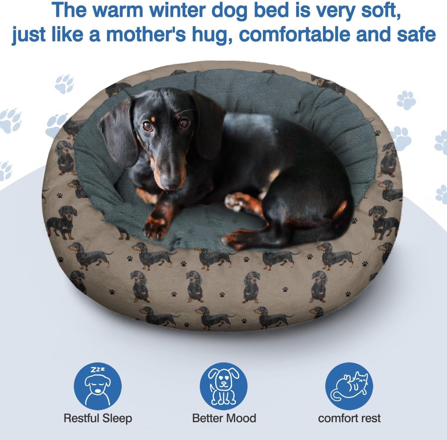 Dachshund Calming Dog Bed round Washable Pet Bed Donut Cuddler 20In