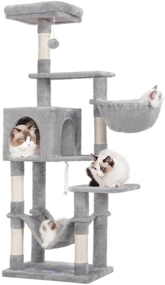 Hey-Brother Cat Tree with Large Hammock, Multi-Level Cat Tower for Indoor Cats, Cat Condo with Sisal-Covered Scratching Posts and Top Perch, Light Gray MPJ050W