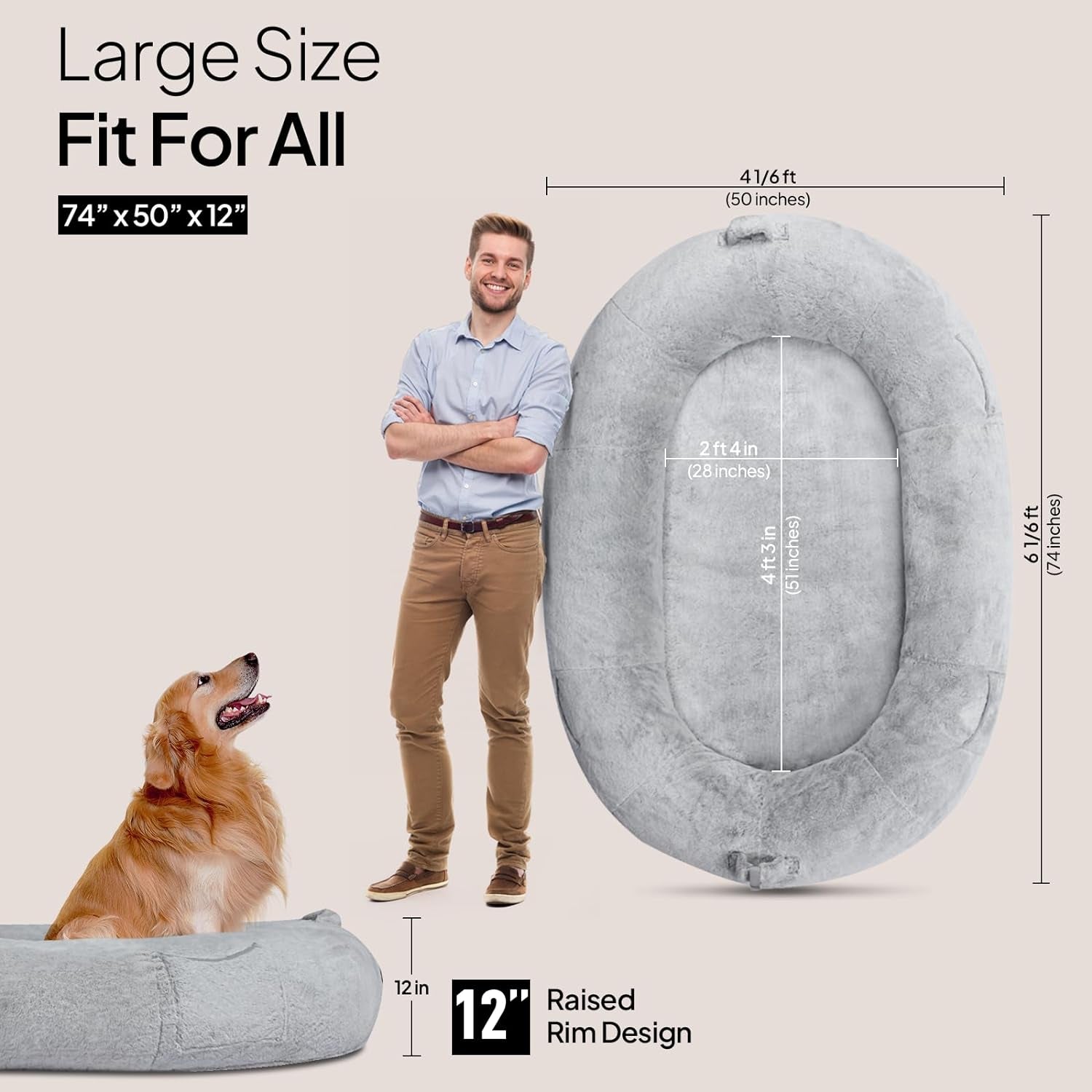 Human Dog Bed for People Large - Bean Bag Adult Size Giant Extra Sized for Kid Waterproof and Washable Anti-Slip Grey 74"X50"X12"