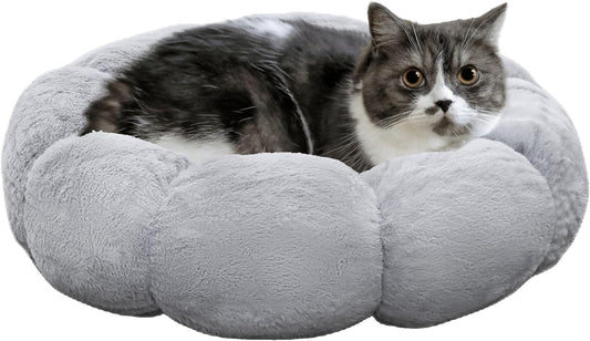 Cat Beds for Indoor Cats, Machine Washable Non-Skid, Fluffy Flower Cat Bed Cute, anti Anxiety Dog Beds for Toy Size Dogs, 20 * 20 Inches, Grey